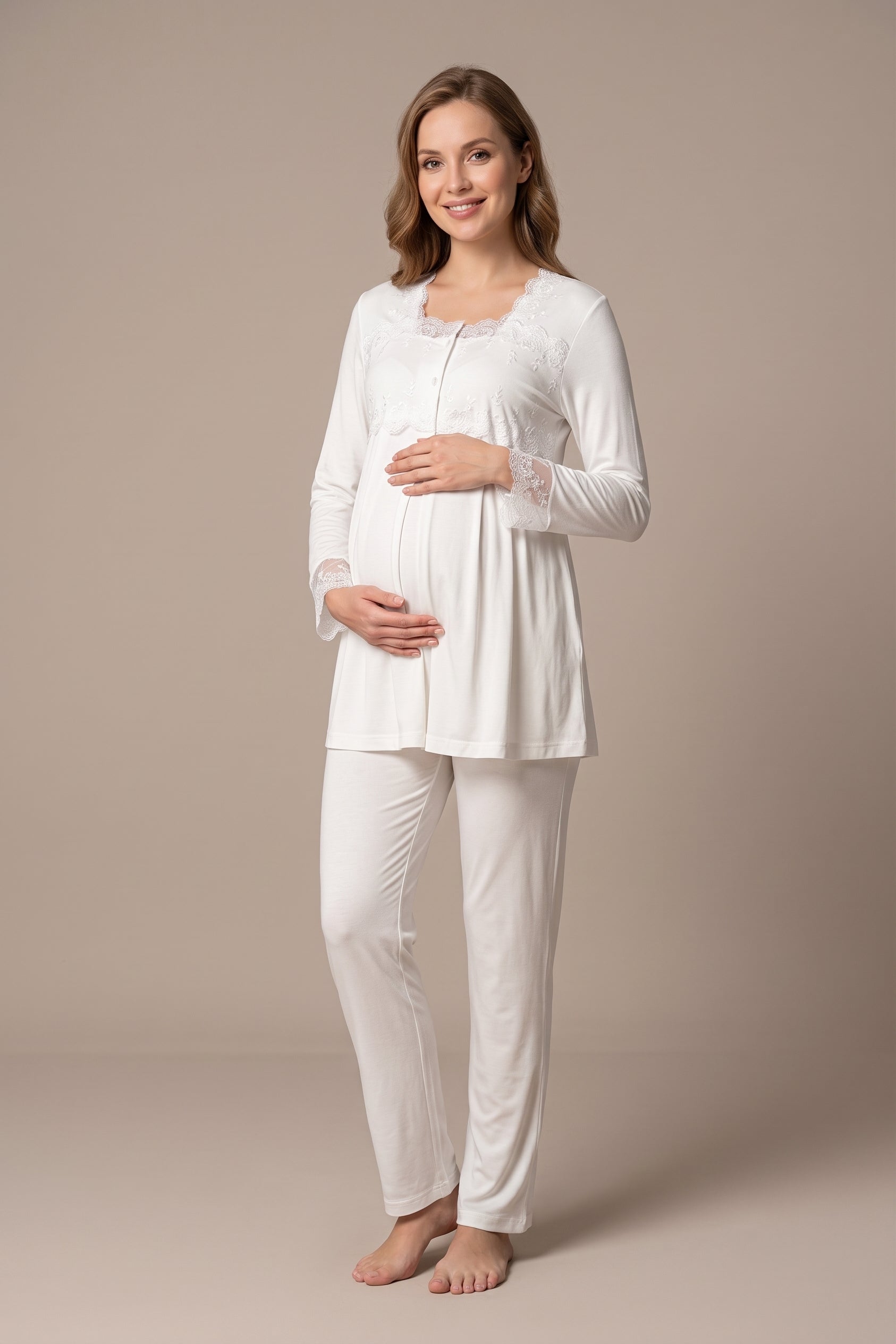 Şık Tasarım Dantel Detaylı Emzirme Kolaylıgı Saglayan Ayarlanabilir Bel Özellikli Pamuklu Pijama Takımı 02403