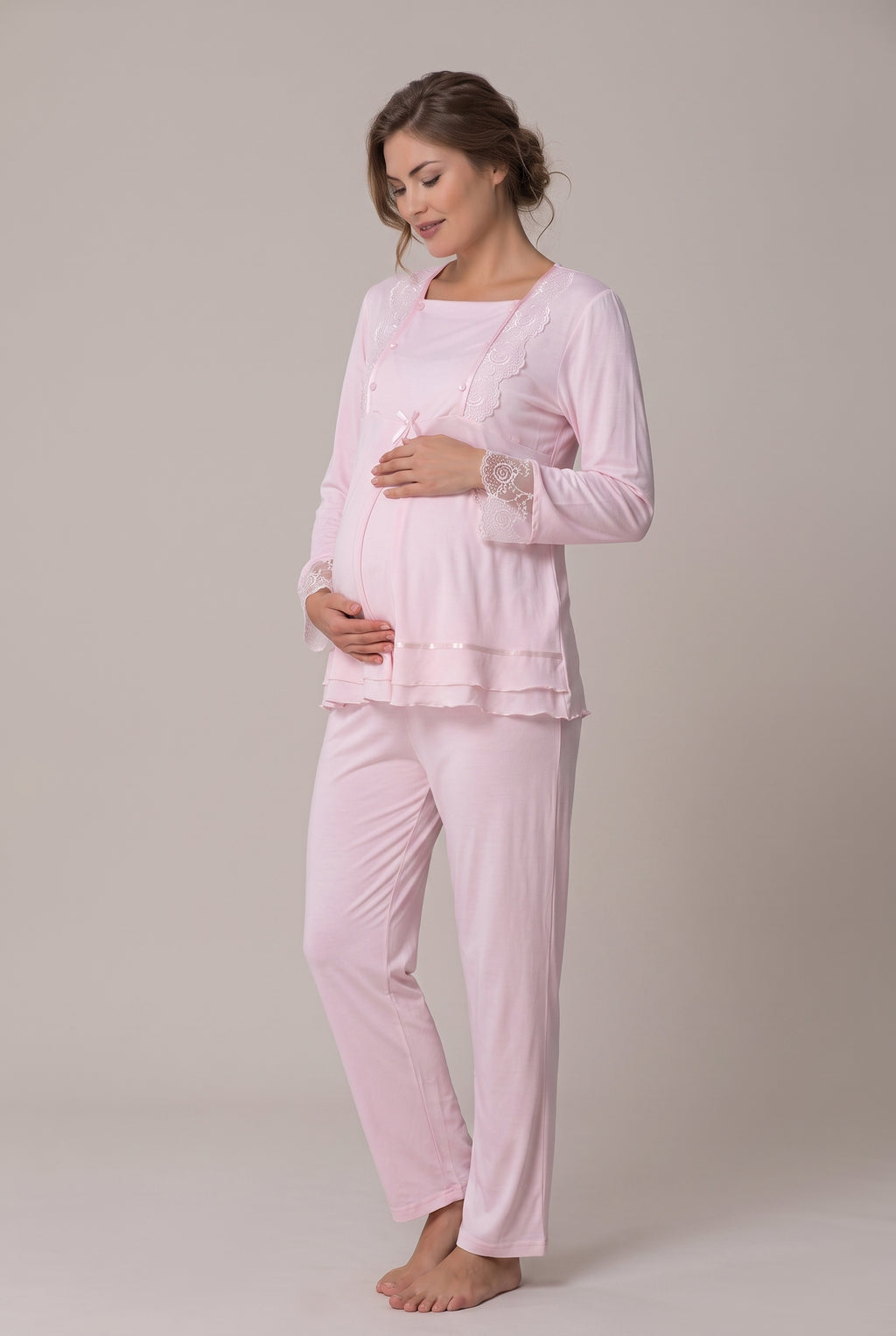 Şık Tasarım Dantel Detaylı Emzirme Kolaylıgı Saglayan Ayarlanabilir Bel Özellikli Pamuklu Lohusa Hamile Sabahlıklı Pijama Takımı 02018
