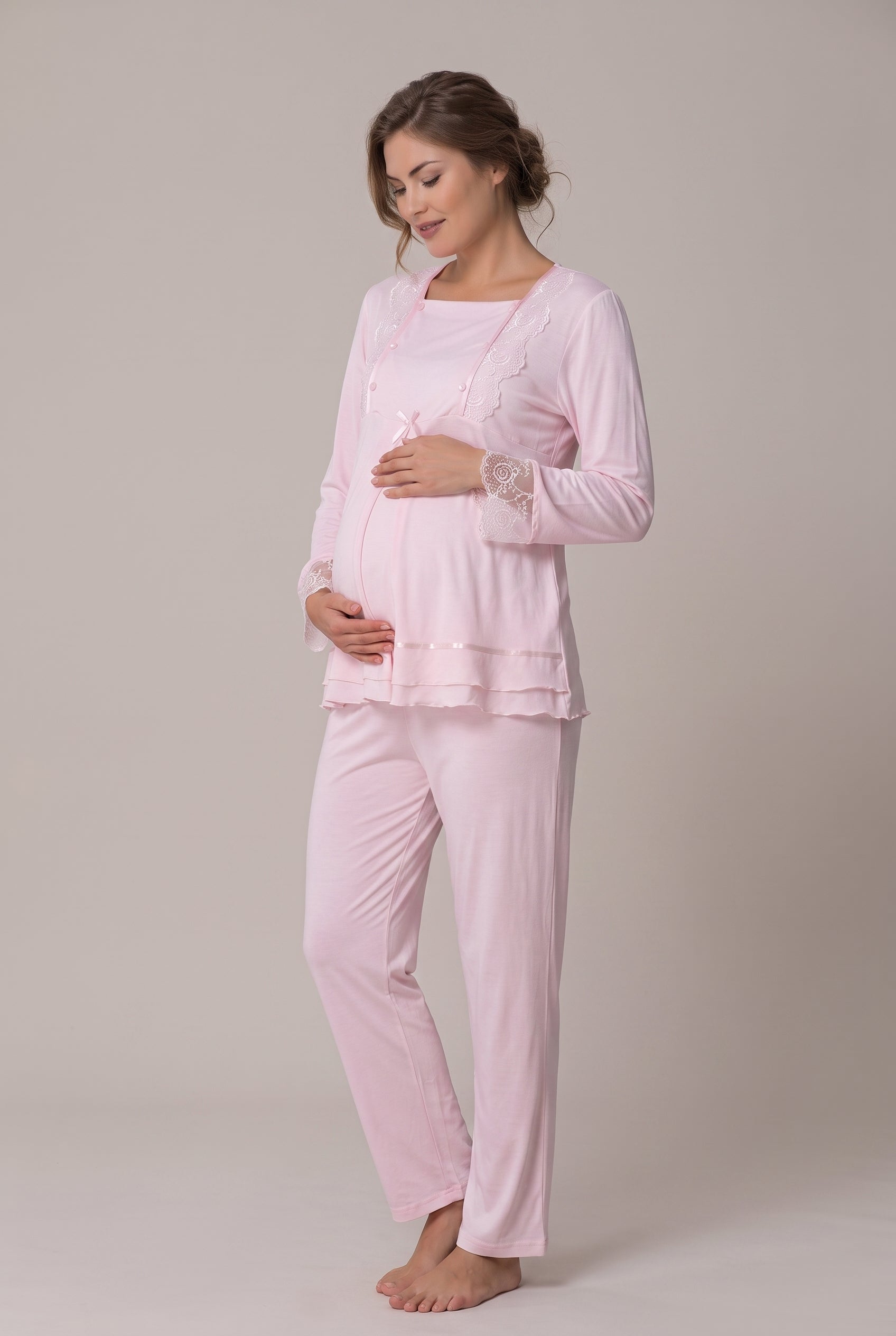 Şık Tasarım Dantel Detaylı Emzirme Kolaylıgı Saglayan Ayarlanabilir Bel Özellikli Pamuklu Lohusa Hamile Sabahlıklı Pijama Takımı 02018