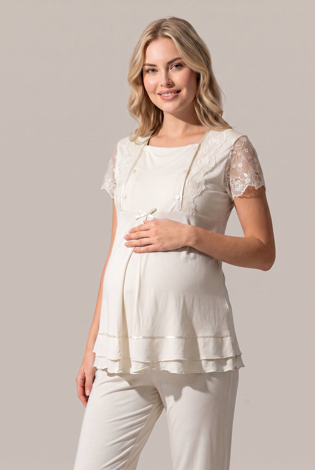 Şık Tasarım Dantelli Ayarlanabilir Bel Özellikli Pamuklu Lohusa Hamile Sabahlıklı Pijama Takımı 02054