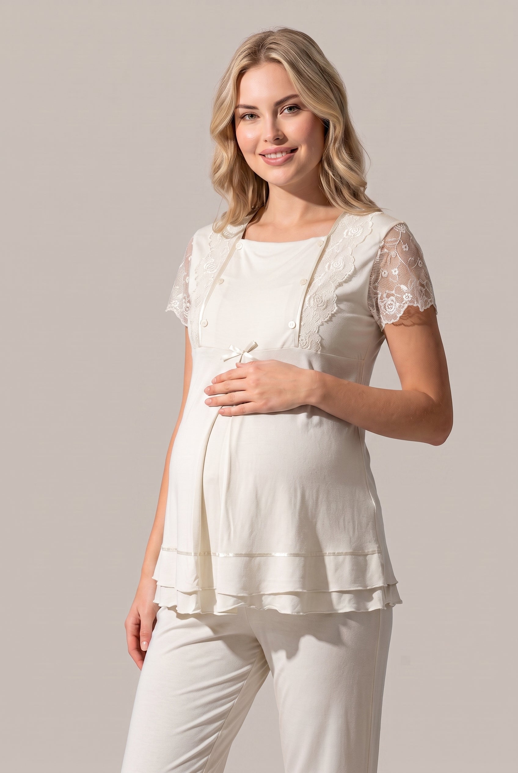 Şık Tasarım Dantelli Ayarlanabilir Bel Özellikli Pamuklu Lohusa Hamile Sabahlıklı Pijama Takımı 02054