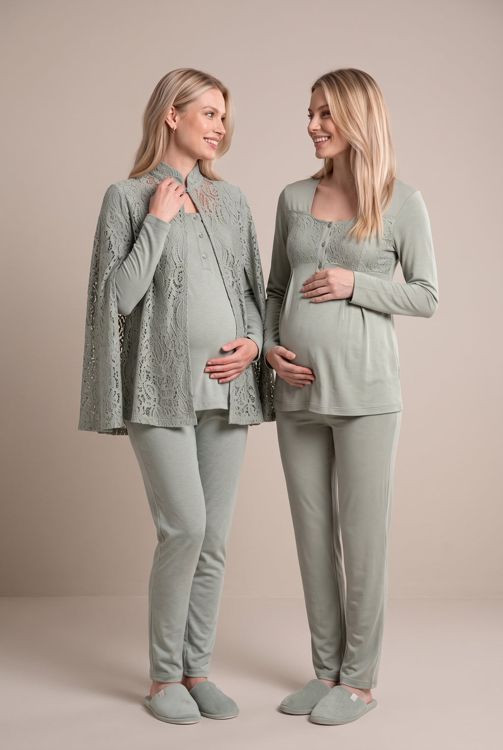 Şık Tasarım Dantel Sabahlıklı Ayarlanabilir Bel Özellikli Pamuklu Lohusa Hamile Sabahlıklı Pijama Takımı 06402