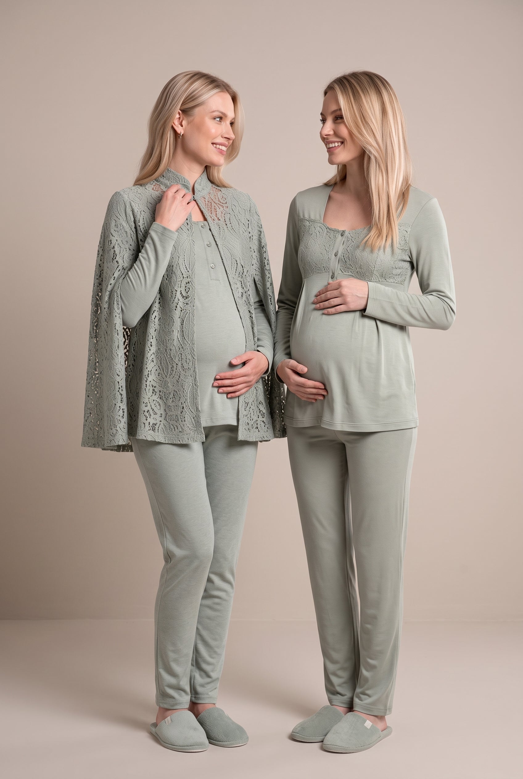 Şık Tasarım Dantel Sabahlıklı Ayarlanabilir Bel Özellikli Pamuklu Lohusa Hamile Sabahlıklı Pijama Takımı 06402