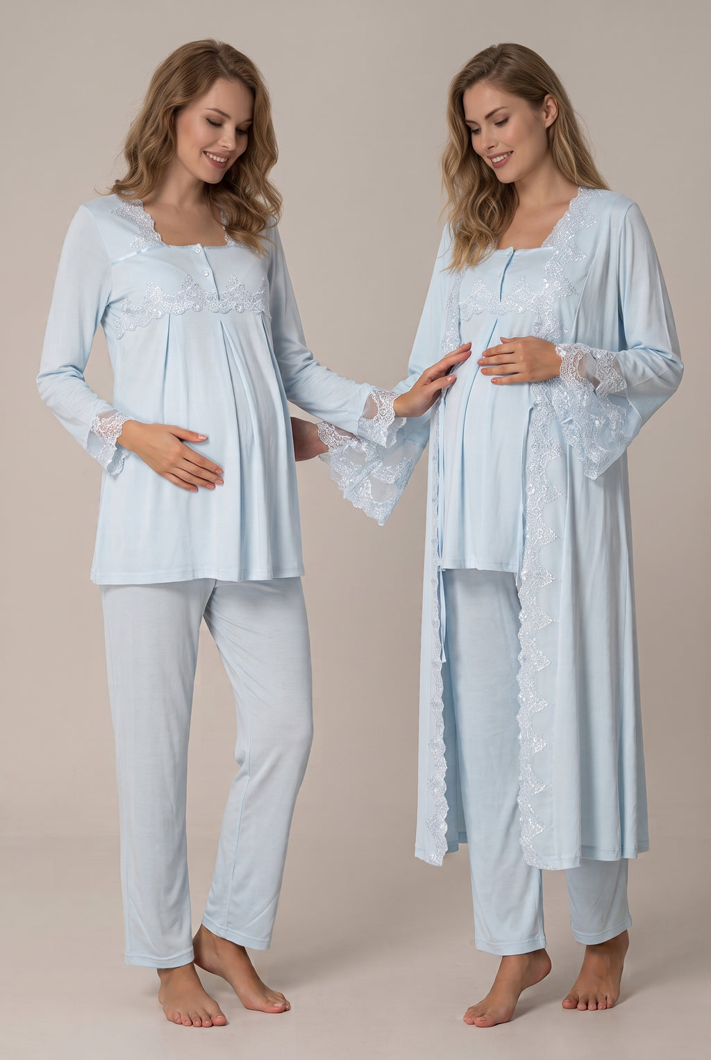 Şık Tasarım Volan Kollu Emzirme Kolaylıgı Saglayan Ayarlanabilir Bel Özellikli Pamuklu Lohusa Hamile Sabahlıklı Pijama Takımı 07014