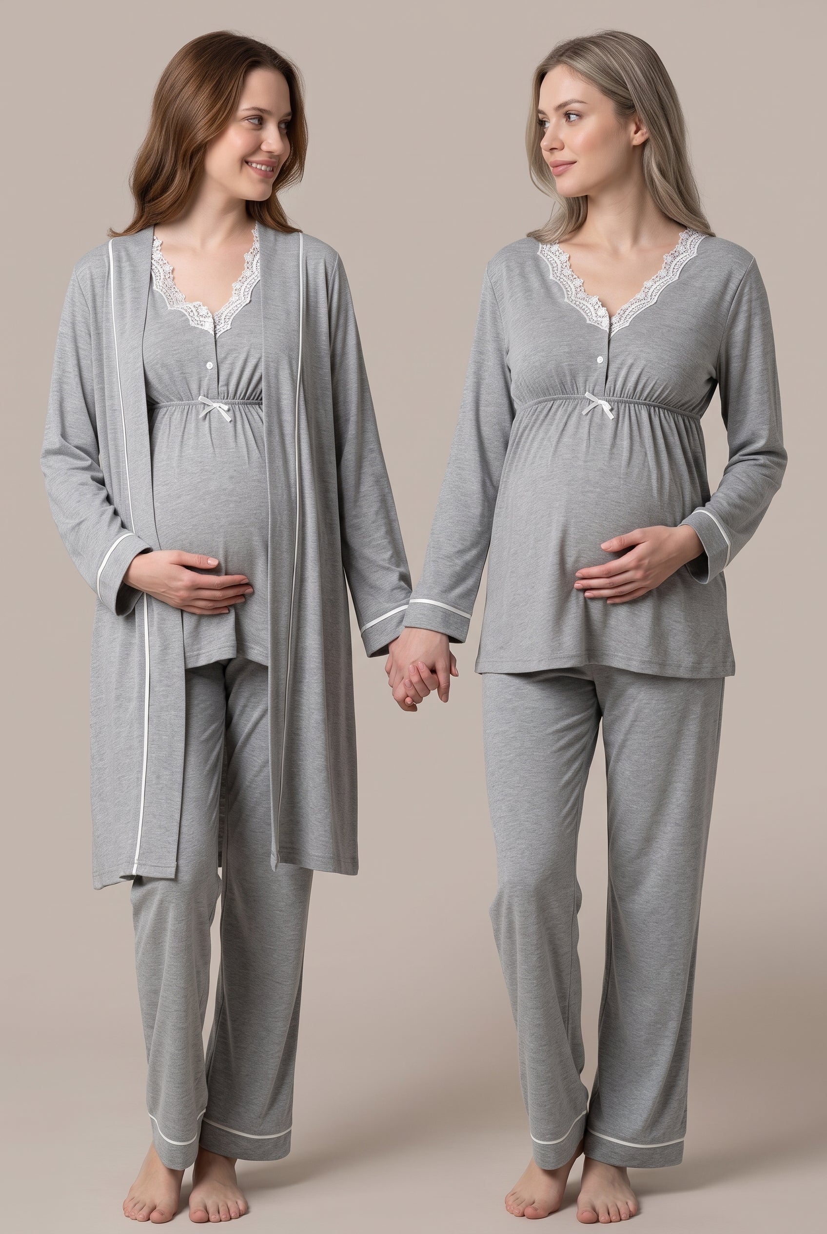 Şık Tasarım Dantel Detaylı Emzirme Kolaylıgı Saglayan Ayarlanabilir Bel Özellikli Pamuklu Lohusa Hamile Sabahlıklı Pijama Takımı 03054