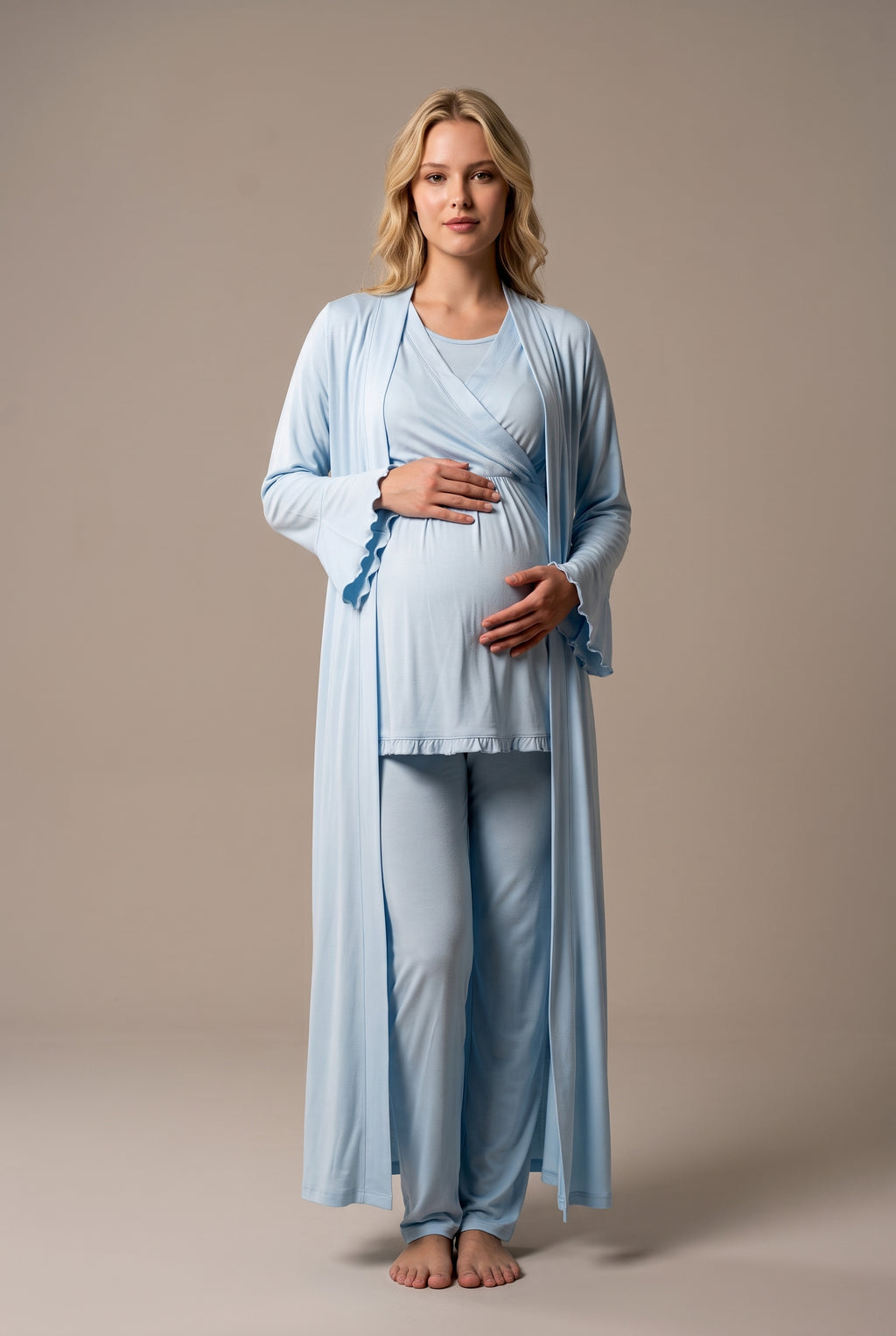 Şık Tasarım Kruvaze Yaka Ayarlanabilir Bel Özellikli Pamuklu Lohusa Hamile Sabahlıklı Pijama Seti 03034