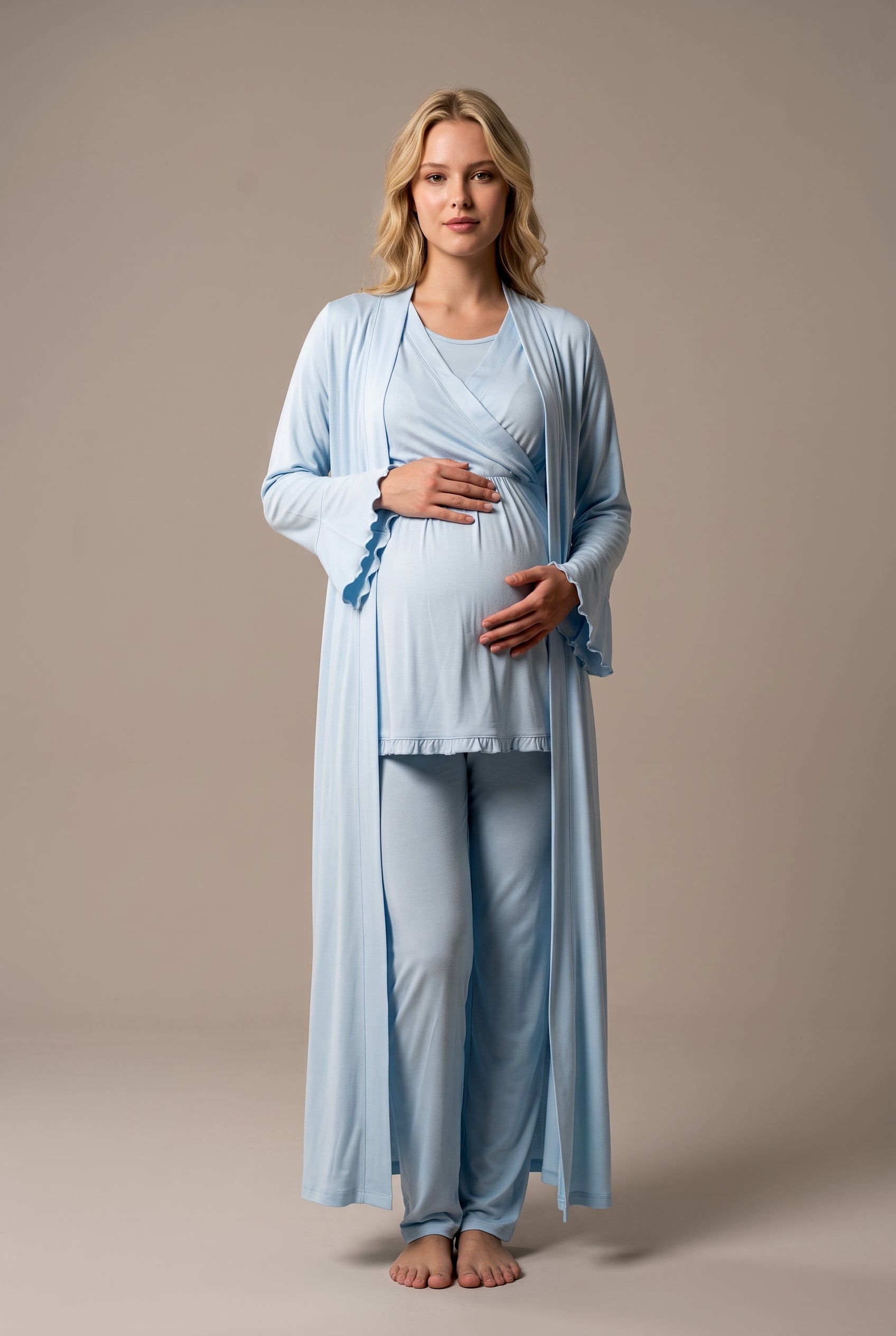 Şık Tasarım Kruvaze Yaka Ayarlanabilir Bel Özellikli Pamuklu Lohusa Hamile Sabahlıklı Pijama Seti 03034