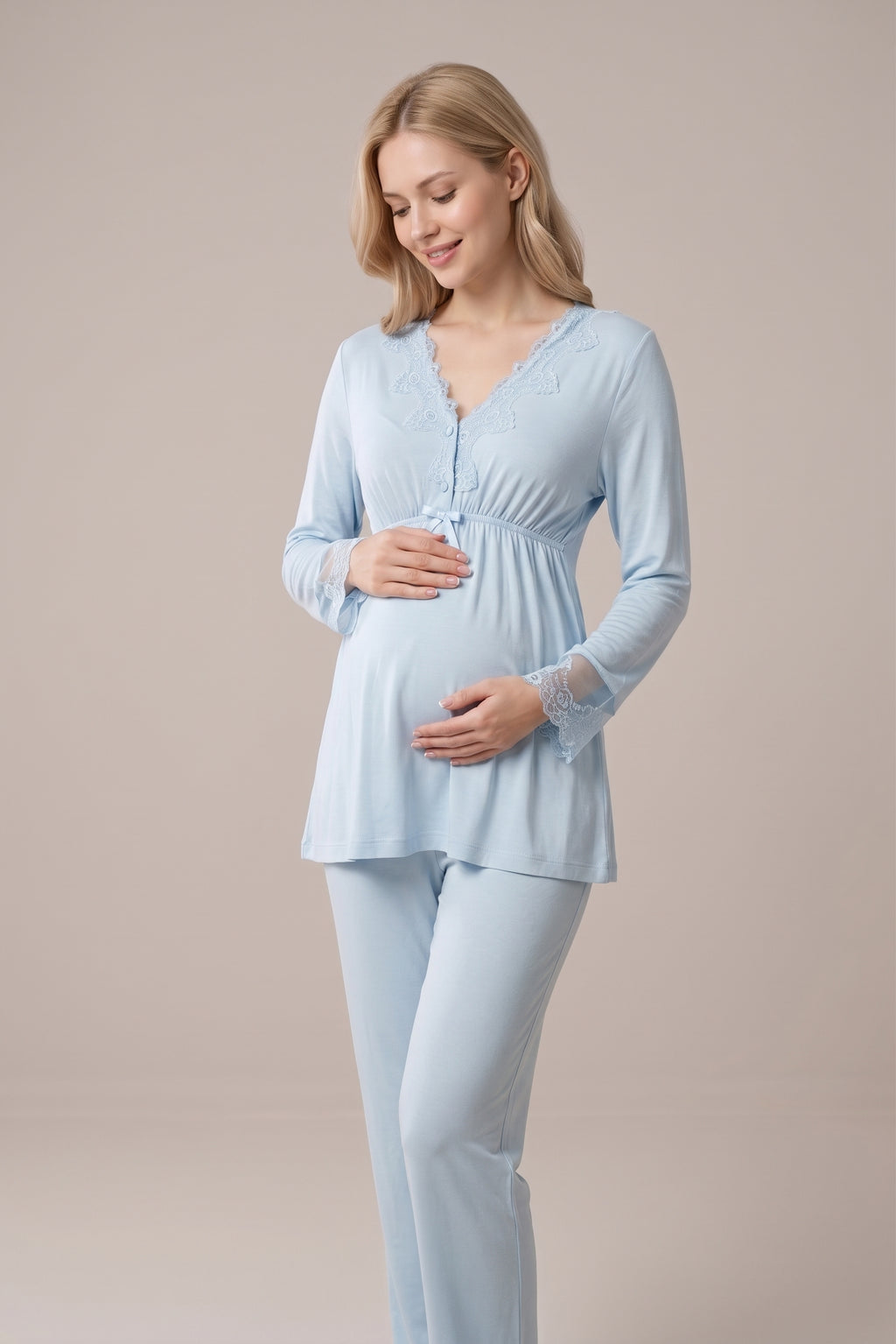 Şık Tasarım Dantel Detaylı Ayarlanabilir Bel Özellikli Emzirme Kolaylıgı Saglayan Pamuklu Lohusa Hamile Pijama Takımı 08092