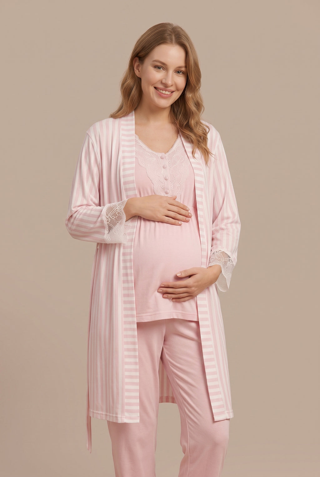 Şık Tasarım Desenli Dantel Detaylı Ayarlanabilir Bel Özellikli Lohusa Hamile Sabahlıklı Pijama Seti 02054