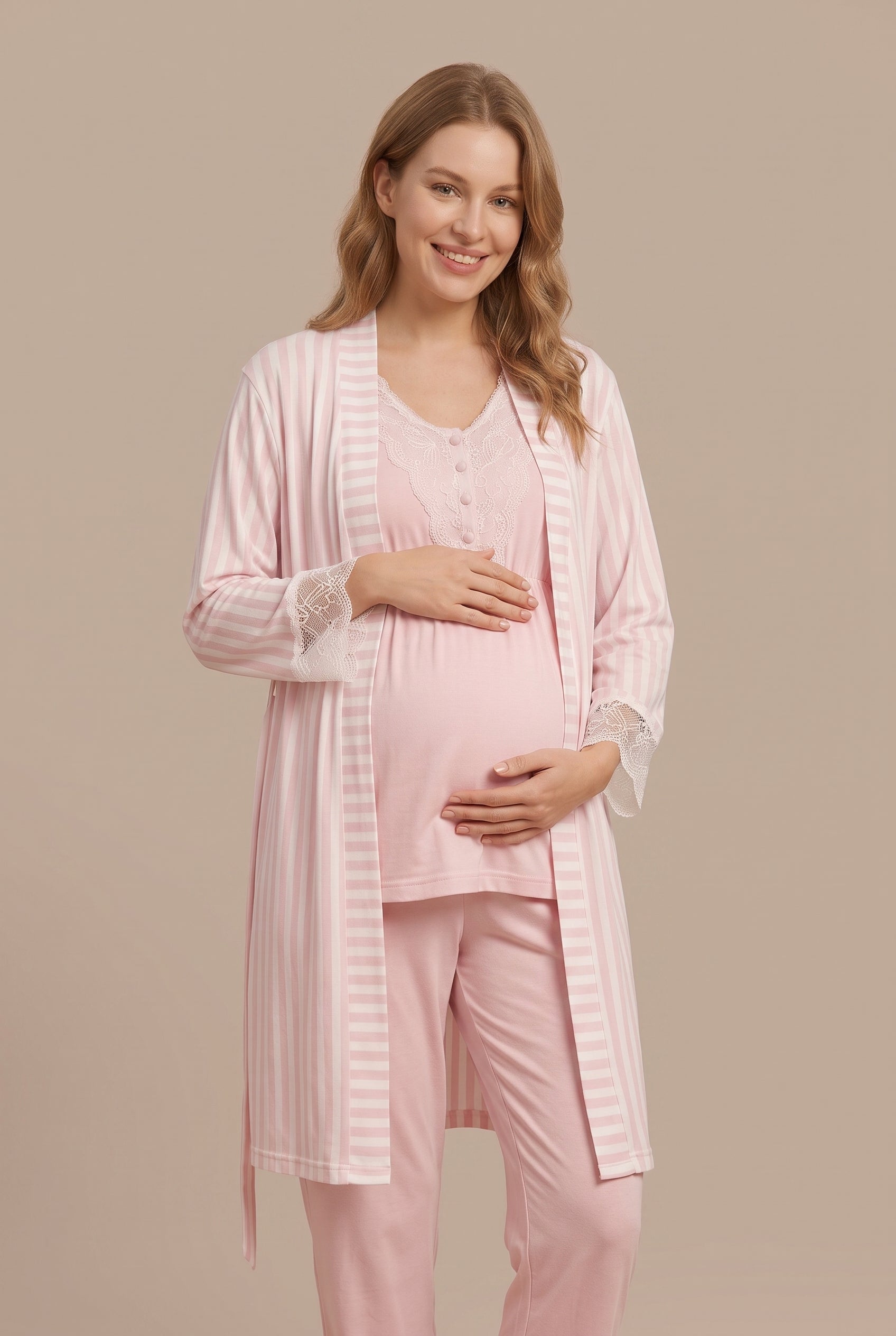 Şık Tasarım Desenli Dantel Detaylı Ayarlanabilir Bel Özellikli Lohusa Hamile Sabahlıklı Pijama Seti 02054
