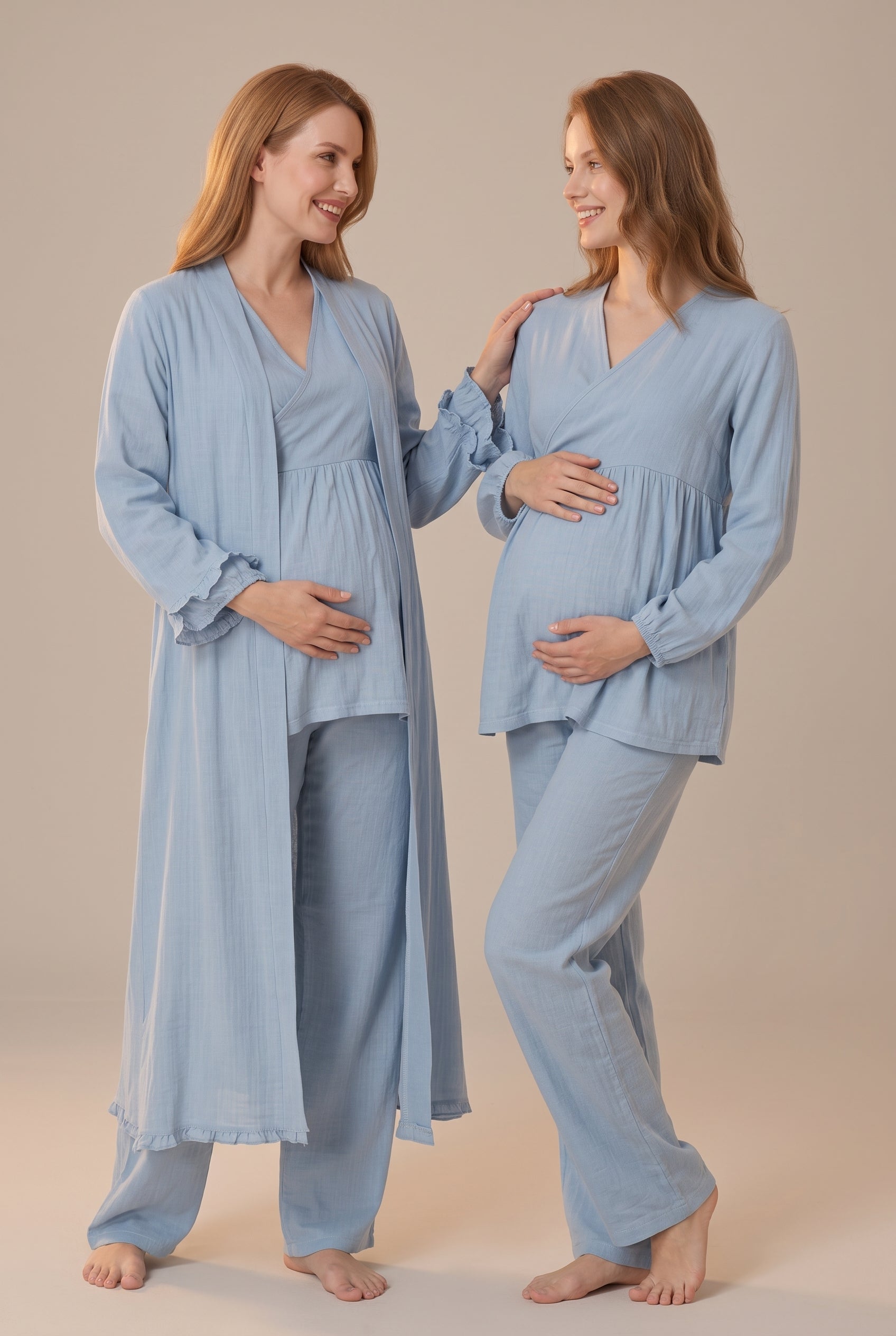 Şık Tasarım Müslin Kumaş Kruvaze Yaka Ayarlanabilir Bel Özellikli Pamuk Lohusa Hamile Sabahlıklı Pijama Takımı 3088
