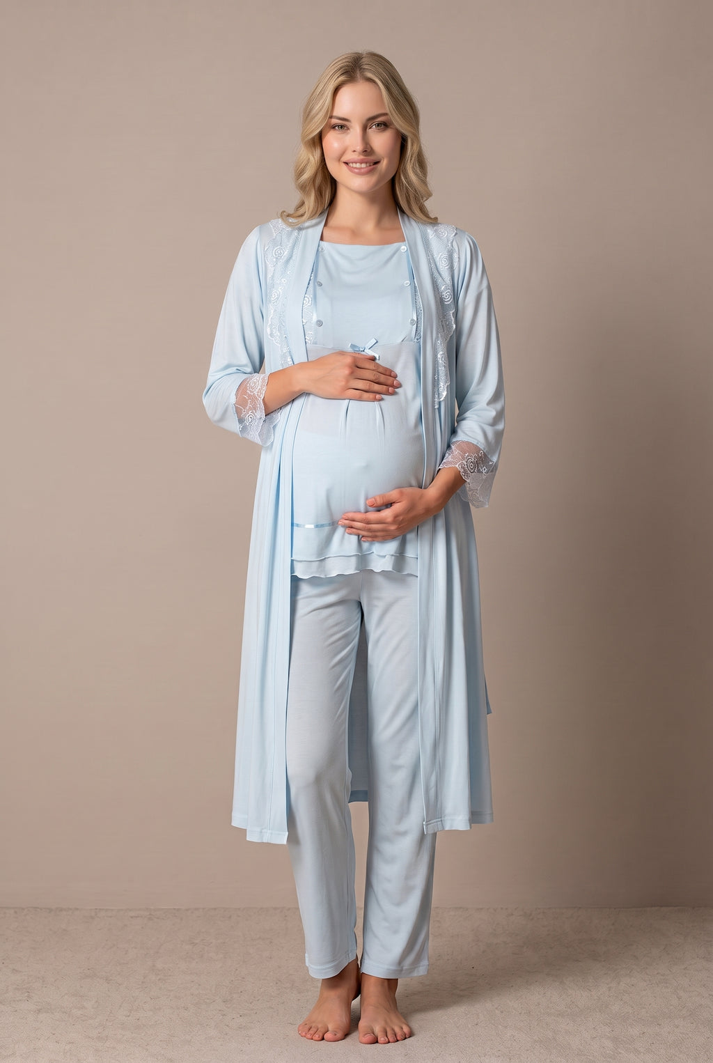 Şık Tasarım Dantelli Ayarlanabilir Bel Özellikli Pamuklu Lohusa Hamile Sabahlıklı Pijama Takımı 02054