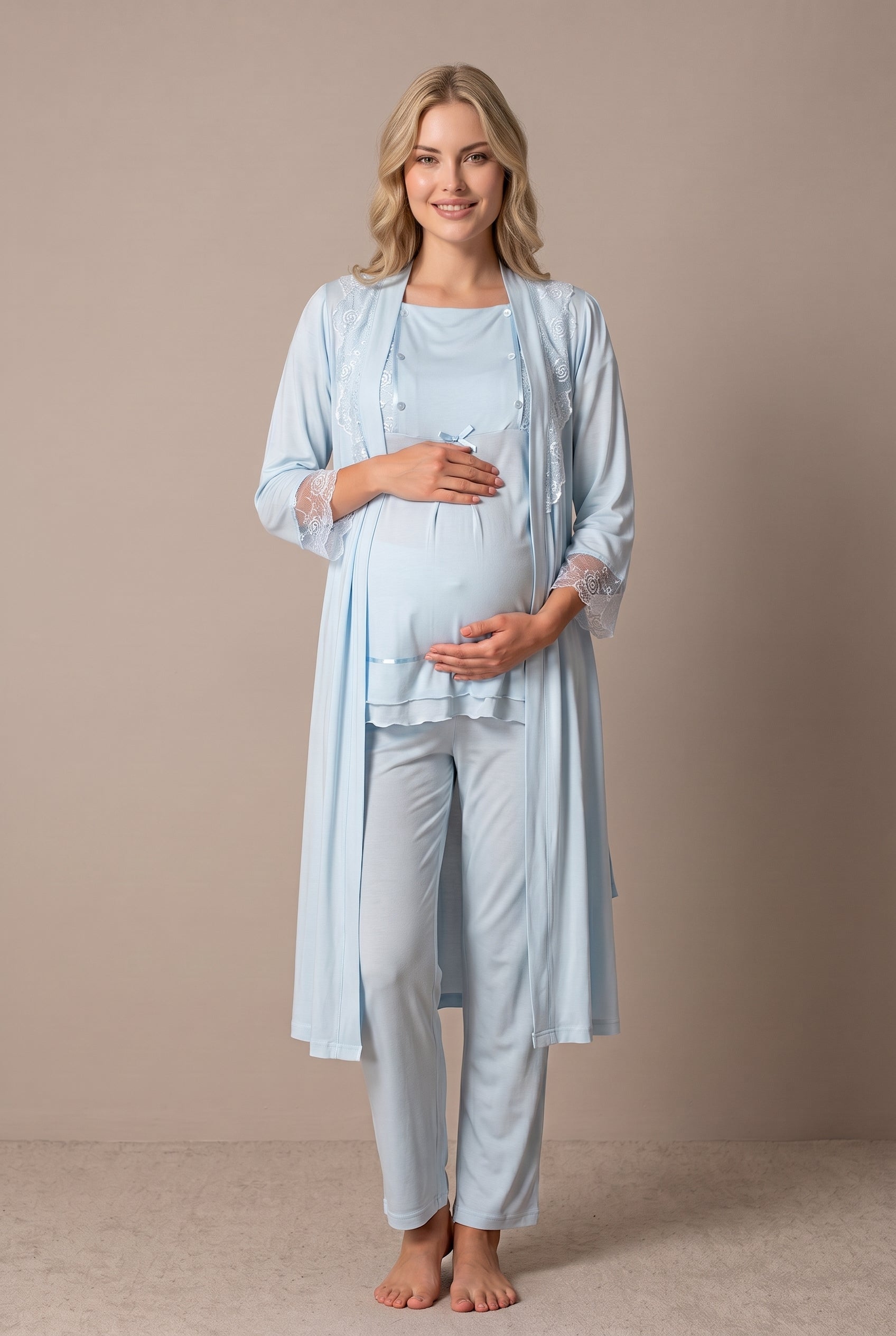 Şık Tasarım Dantelli Ayarlanabilir Bel Özellikli Pamuklu Lohusa Hamile Sabahlıklı Pijama Takımı 02054