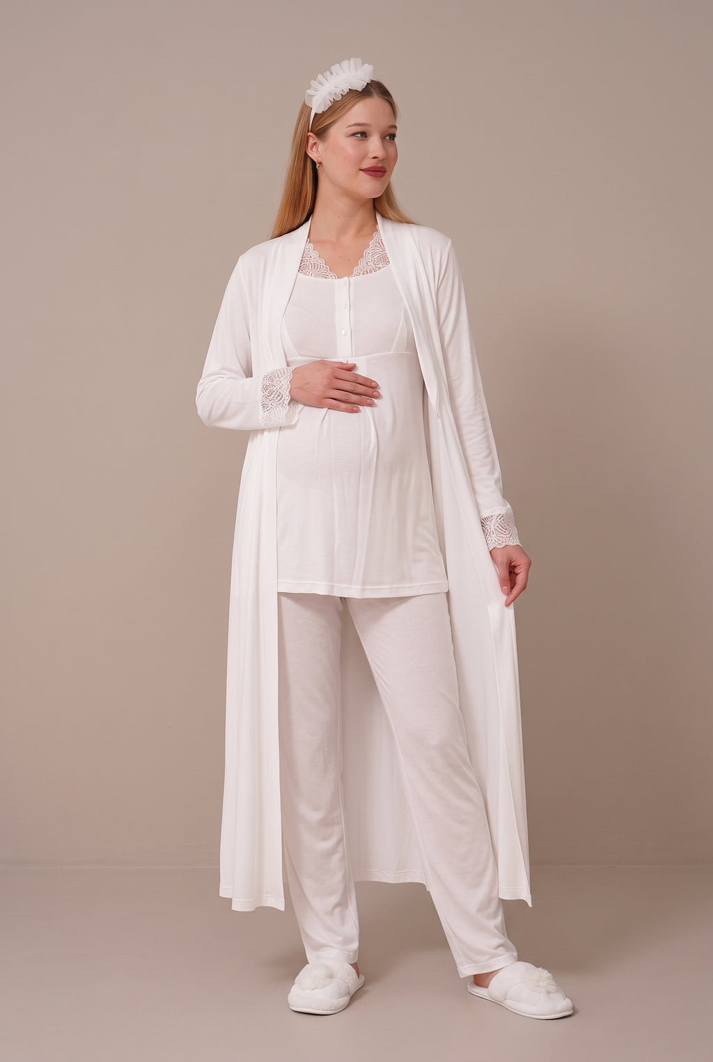 Şık Tasarım Dantel Detaylı Ayarlanabilir Bel Özellikli Pamuklu Emzirme Kolaylıgı Saglayan Lohusa Hamile Sabahlıklı Pijama Takımı 06330