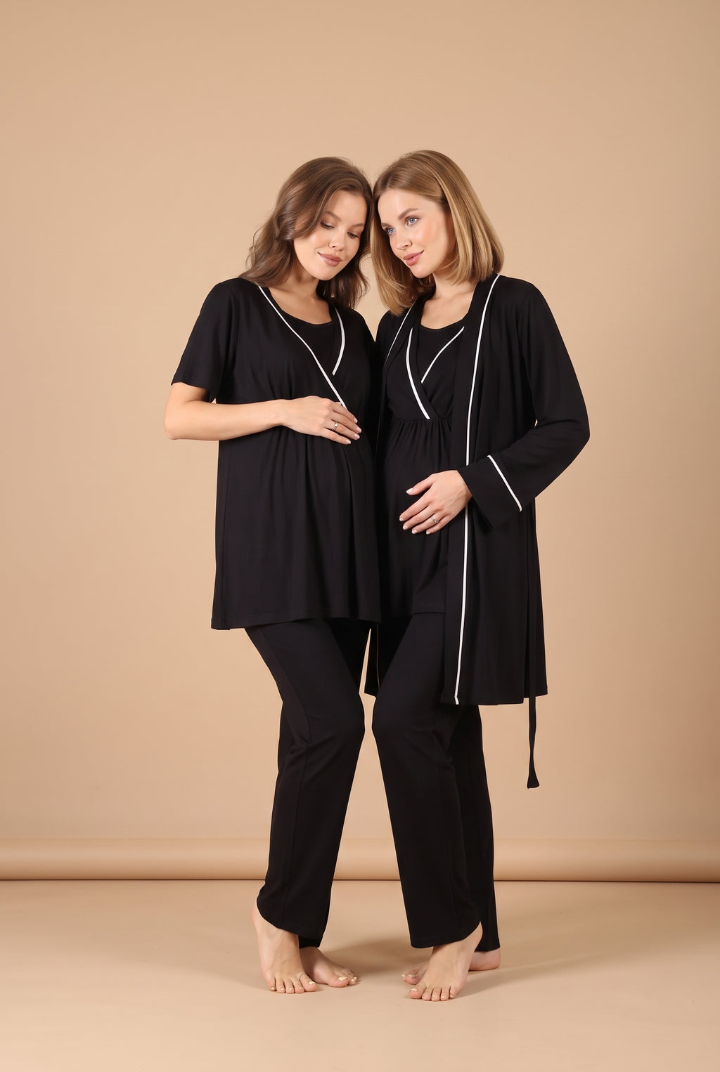 Şık Tasarım Kruvaze Yaka Ayarnabilir Bel Özellikli Pamuklu Lohusa Hamile Sabahlıklı Pijama Seti 0808