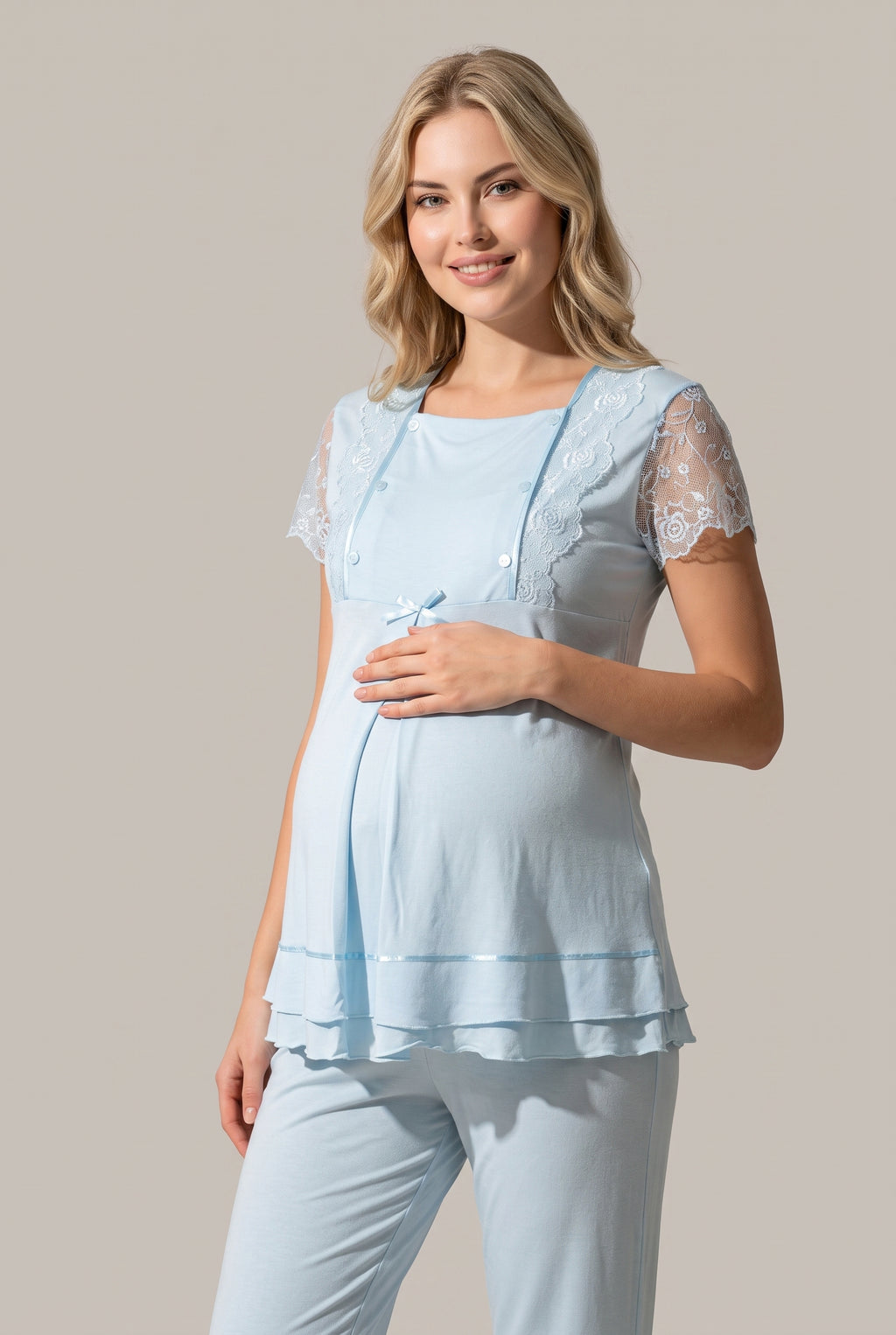 Şık Tasarım Dantelli Ayarlanabilir Bel Özellikli Pamuklu Lohusa Hamile Sabahlıklı Pijama Takımı 02054