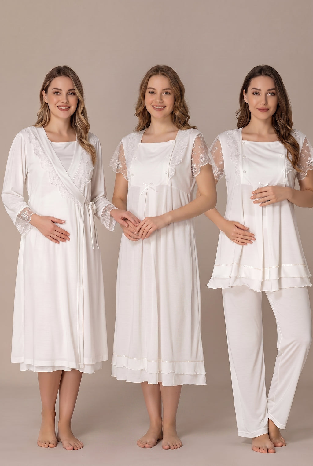 Şık Tasarım Dantelli Ayarlanabilir Bel Özellikli Pamuklu Lohusa Hamile Sabahlık Pijama Gecelik 4'Lü Set 02050