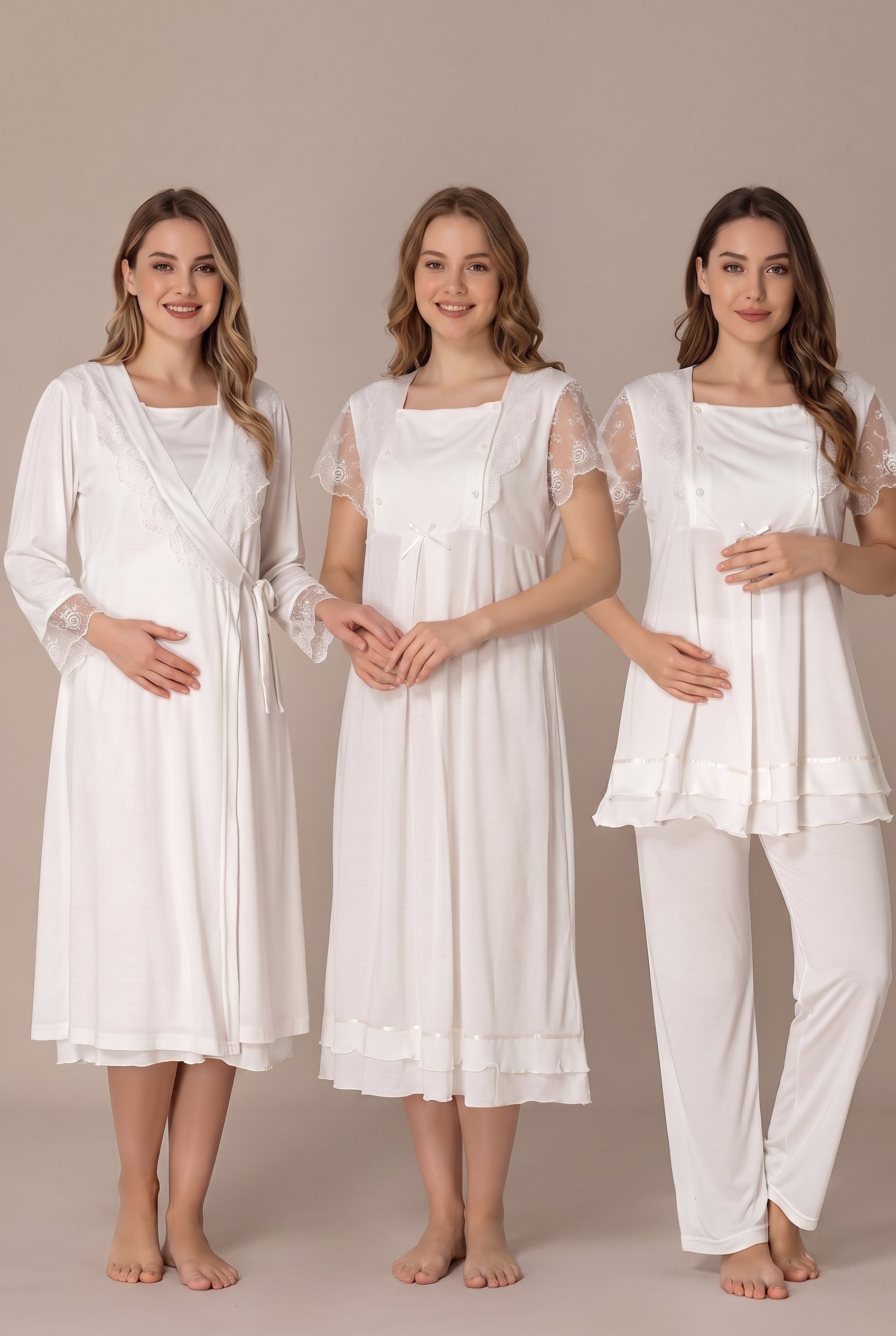 Şık Tasarım Dantelli Ayarlanabilir Bel Özellikli Pamuklu Lohusa Hamile Sabahlık Pijama Gecelik 4'Lü Set 02050