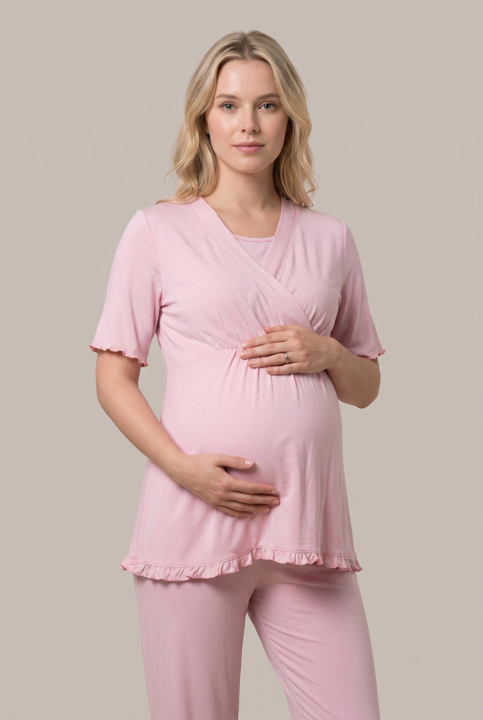 Şık Tasarım Kruvaze Yaka Ayarlanabilir Bel Özellikli Pamuklu Lohusa Hamile Sabahlıklı Pijama Seti 03034