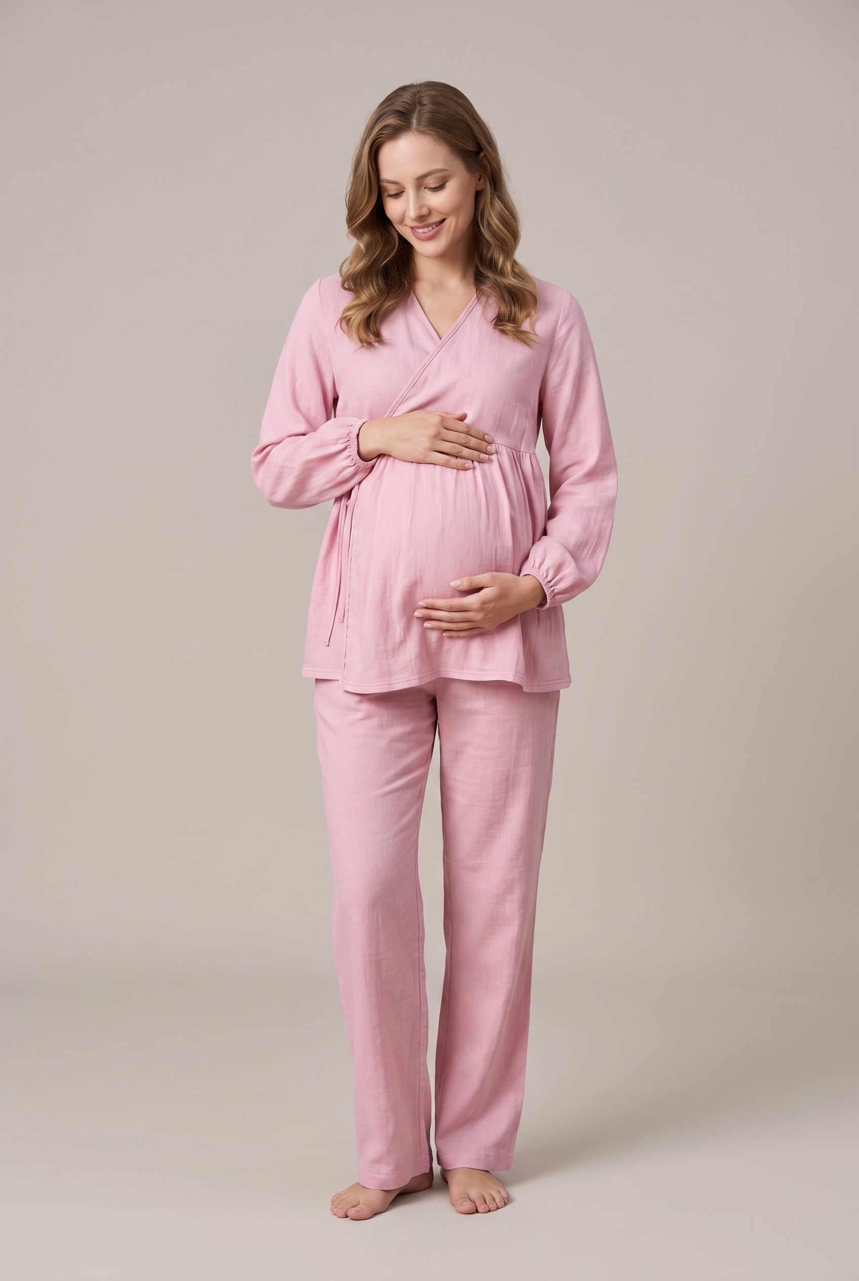 Şık Tasarım Müslin Kumaş Ayarlanabilir Bel Özellikli Emzirme Kolaylıgı Saglayan Pamuk Lohusa Hamile Pijama Takımı 03087