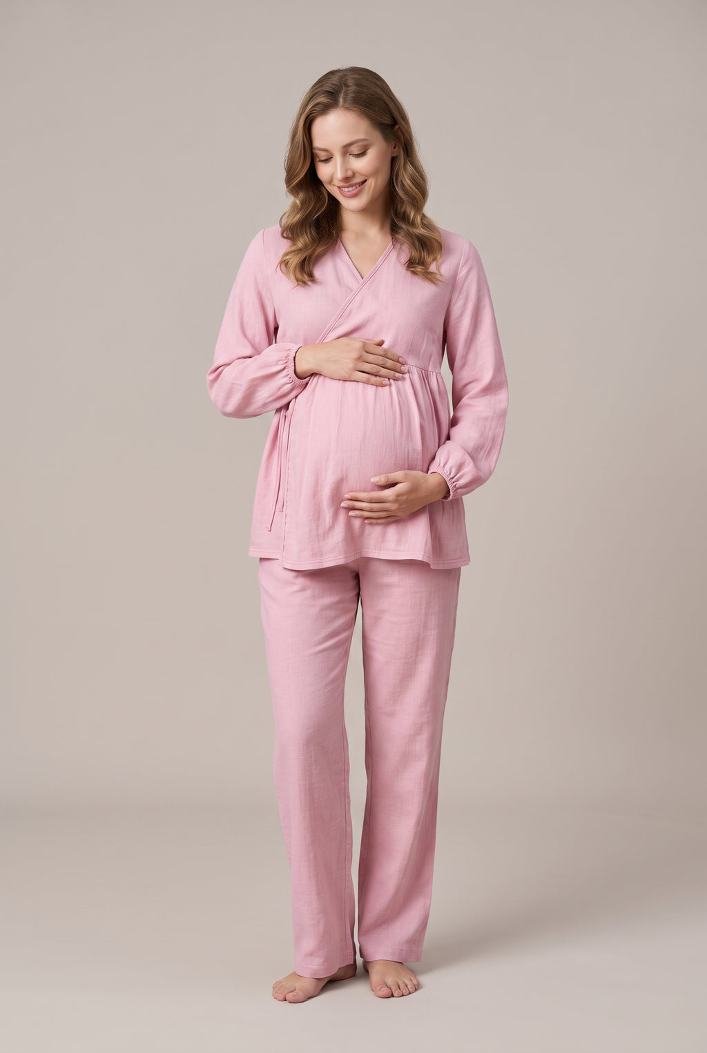 Şık Tasarım Müslin Kumaş Ayarlanabilir Bel Özellikli Emzirme Kolaylıgı Saglayan Pamuk Lohusa Hamile Pijama Takımı 03087