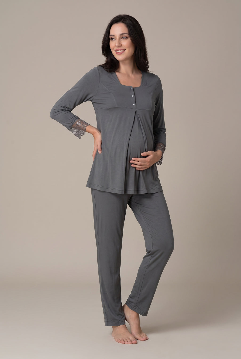 Şık Tasarım Desenli Dantel Detaylı Emzirme Kolaylıgı Saglayan Ayarlanabilir Bel Özellikli Pamuklu Lohusa Hamile Sabahlıklı Pijama Takımı 09044