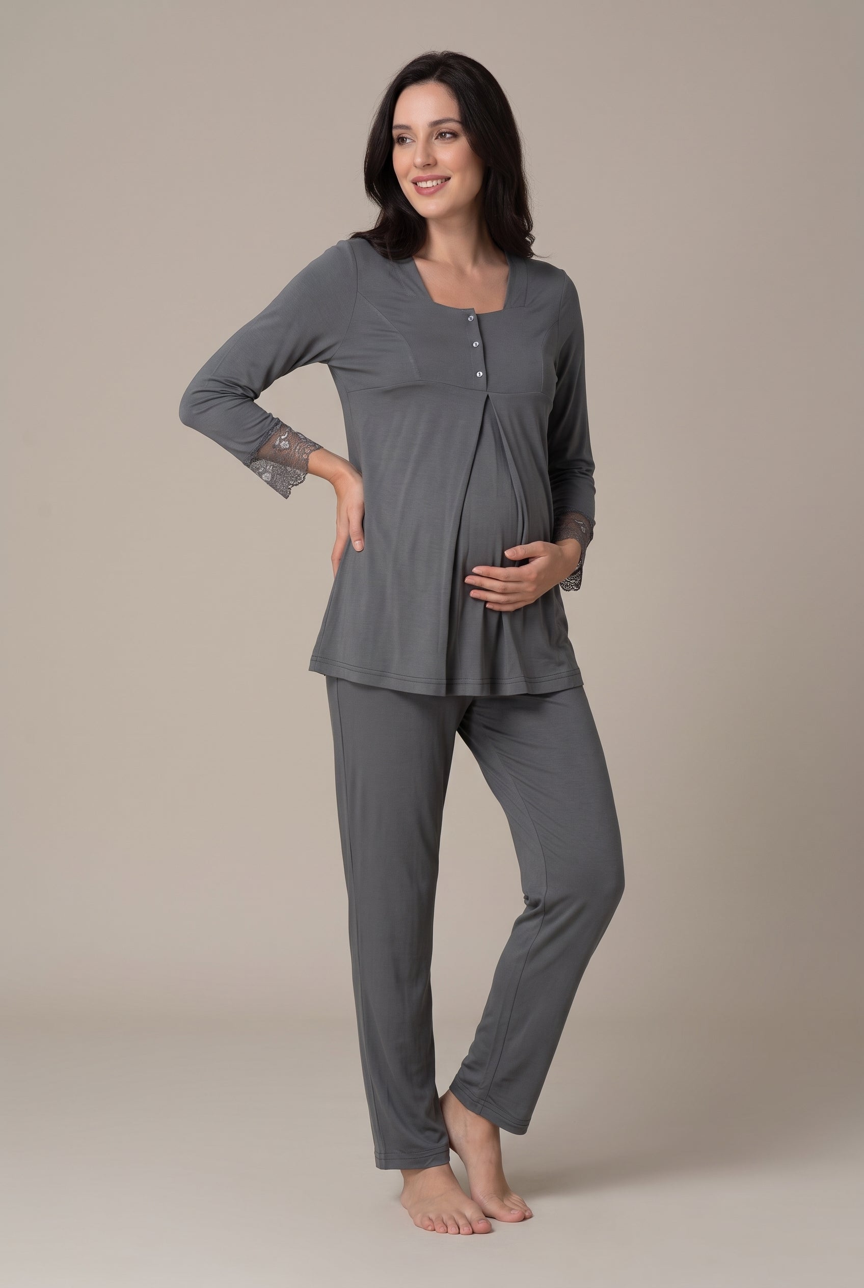 Şık Tasarım Desenli Dantel Detaylı Emzirme Kolaylıgı Saglayan Ayarlanabilir Bel Özellikli Pamuklu Lohusa Hamile Sabahlıklı Pijama Takımı 09044