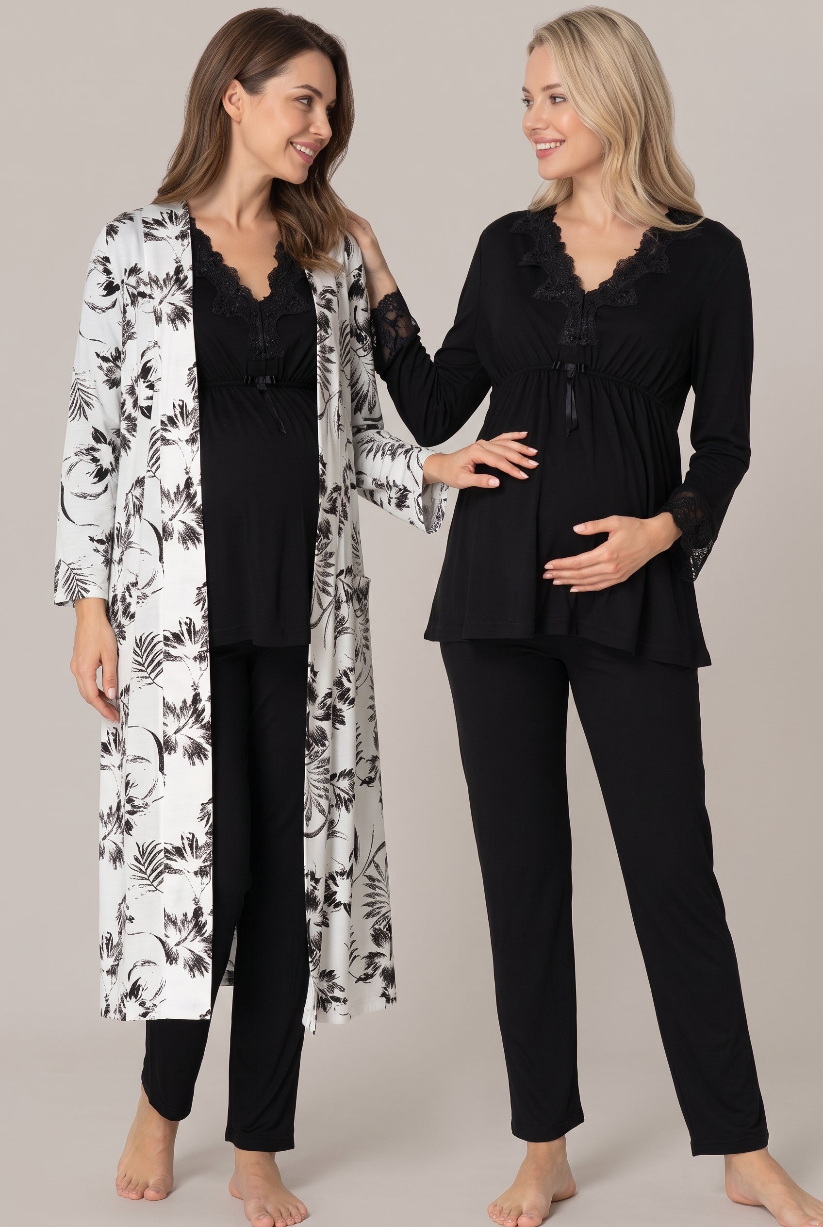 Şık Tasarım Desenli Dantel Detaylı Ayarlanabilir Bel Özellikli Emzirme Kolaylıgı Saglayan Lohusa Hamile Sabahlıklı Pijama Takımı 08094