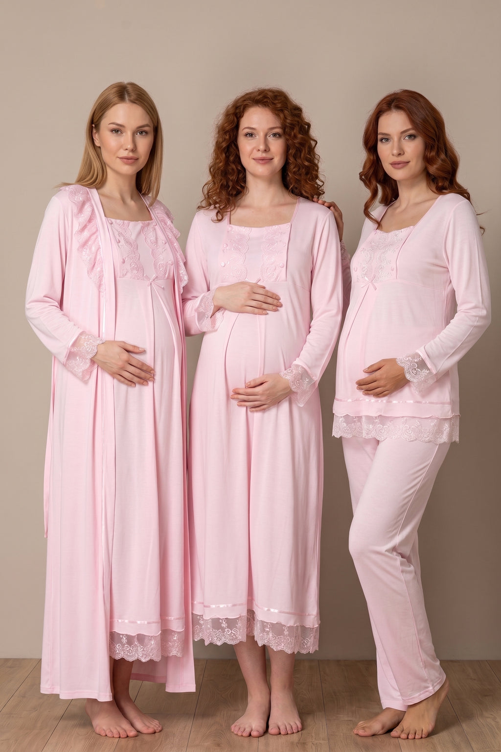 Şık Tasarım Dantel Detaylı Emzirme Kolaylıgı Saglayan Ayarlanabilir Bel Özellikli Pamuklu Lohusa Hamile Sabahlıklı Gecelik Pijama Seti 03046