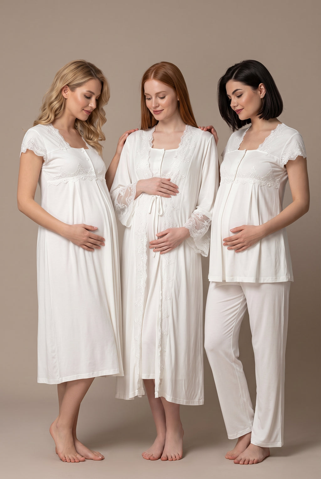 Şık Tasarım Volan Kol Dantelli Ayarlanabilir Bel Özellikli Lohusa Hamile Sabahlık Gecelik Pijama 4'Lü Set 05010