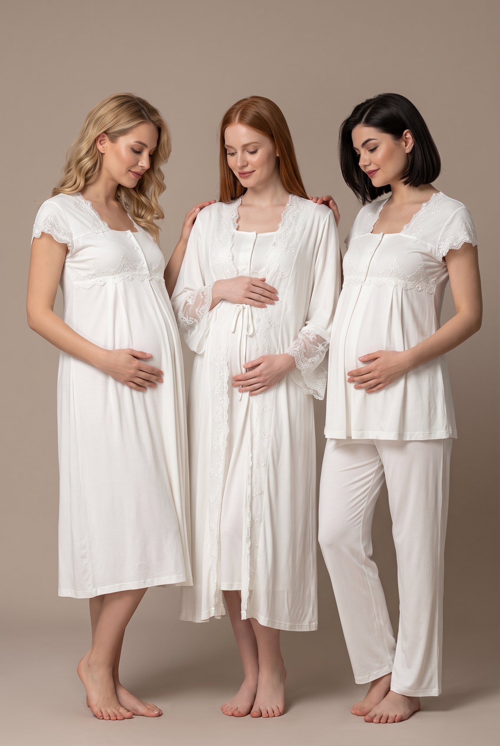 Şık Tasarım Volan Kol Dantelli Ayarlanabilir Bel Özellikli Lohusa Hamile Sabahlık Gecelik Pijama 4'Lü Set 05010