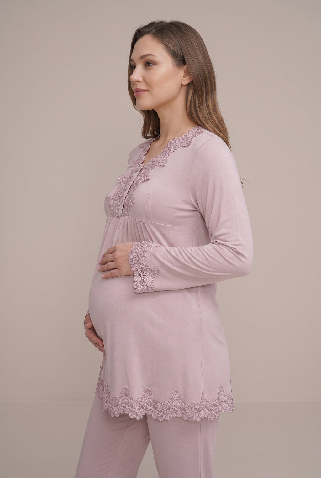 Şık Tasarım Dantel Detaylı Emzirme Kolaylıgı Saglayan Pamuklu Lohusa Hamile Pijama Takımı 01501