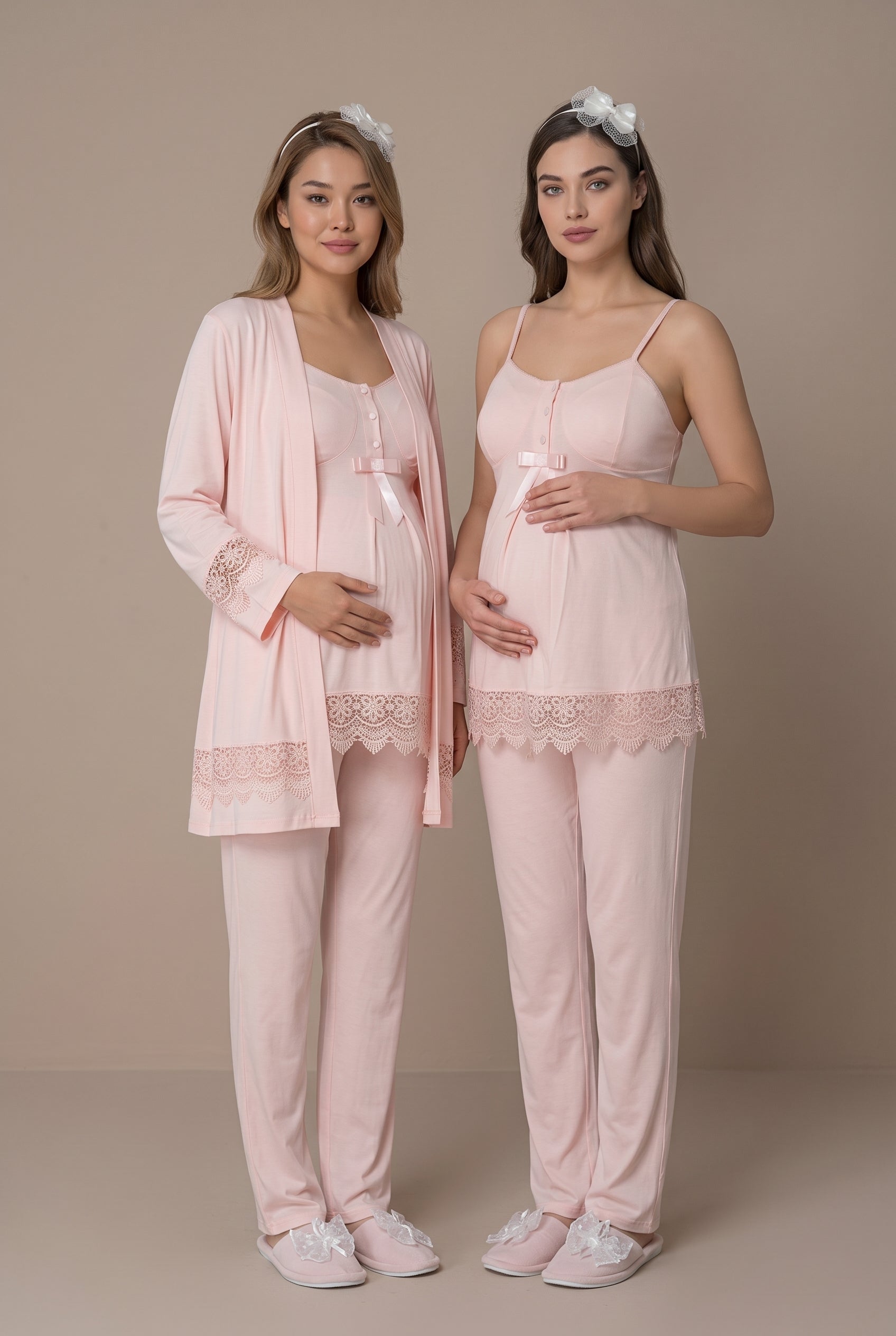Şık Tasarım Dantel Detaylı Ayarlanabilir Bel Özellikli Emzirme Kolaylıgı Saglayan Pamuklu Lohusa Hamile Sabahlıklı Pijama Takımı 06045