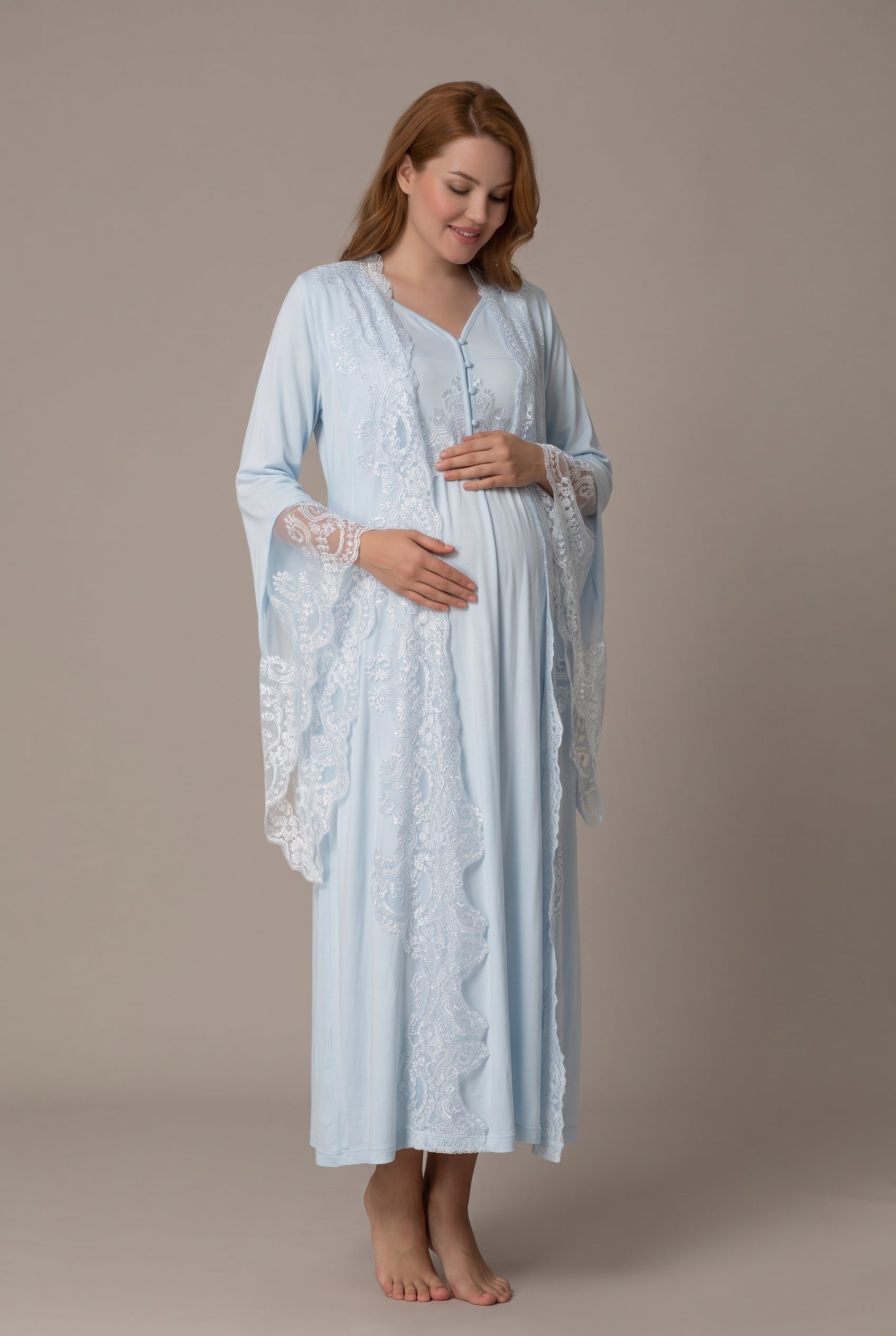 Şık Tasarım Baby Shower Prenses Kol Tasarımlı Pamuklu Lohusa Hamile Sabahlıklı Gecelik Seti 03010