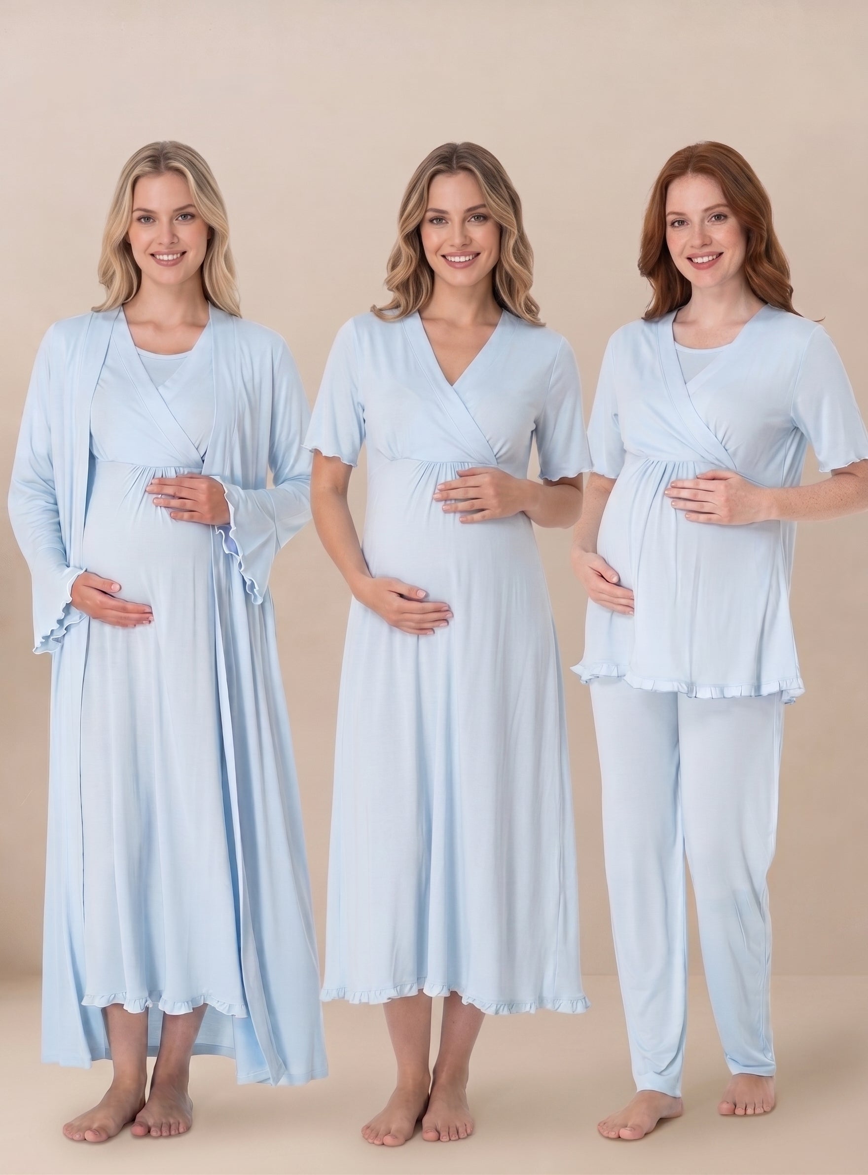 Şık Tasarım Kruvaze Yaka Volan Kol Pamuklu Lohusa Hamile Sabahlık Pijama Gecelik Seti 03036