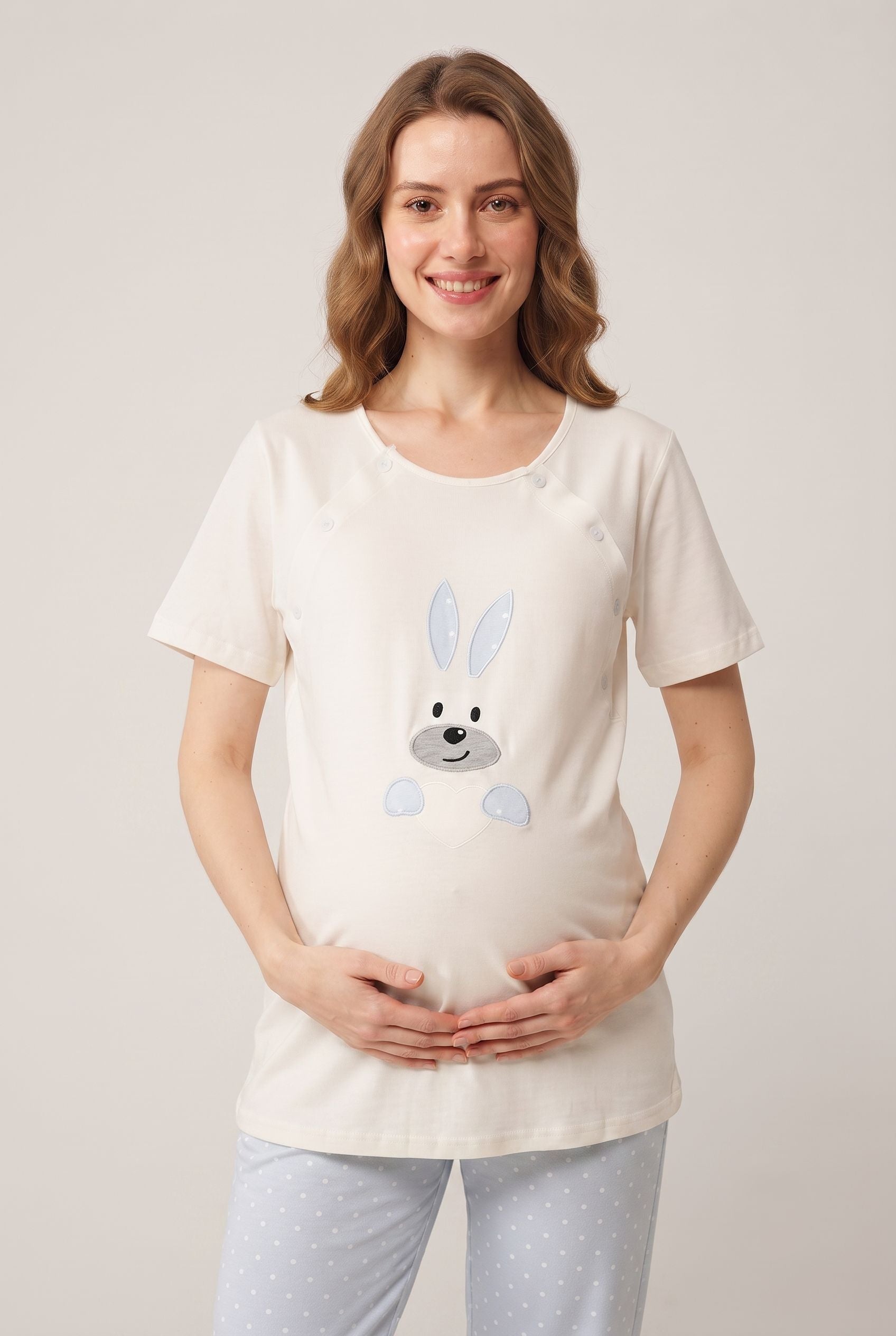 Tavşan Desenli Ayarlabilir Bel Özellikli Emzirme Kolaylıgı Saglayan Lohusa Hamile Pijama Takımı 02074