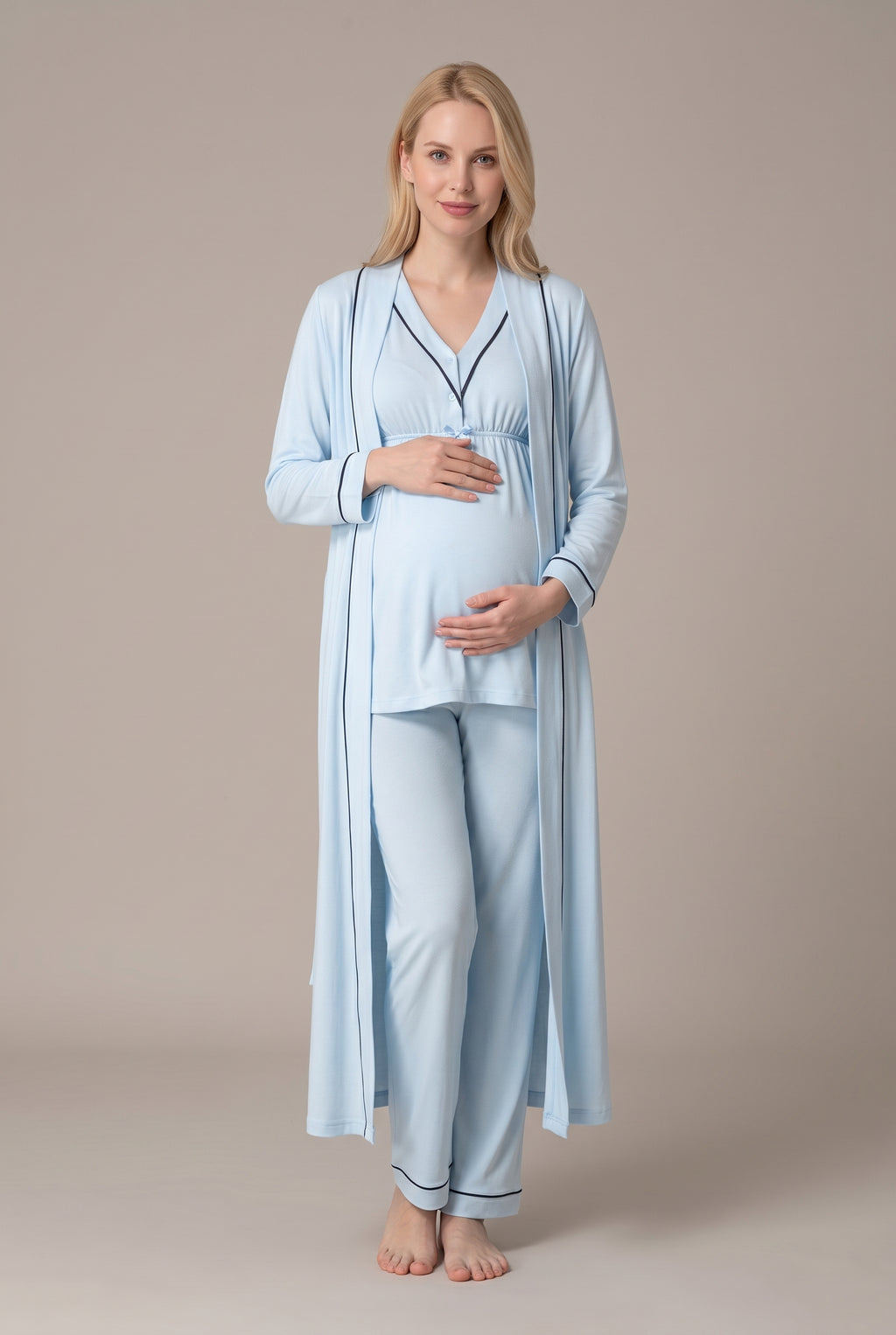 Şık Tasarım Uzun Sabahlıklı Emzirme Kolaylıgı Saglayan Ayarlanabilir Bel Özellikli Pamuklu Sabahlıklı Pijama Takımı 04054