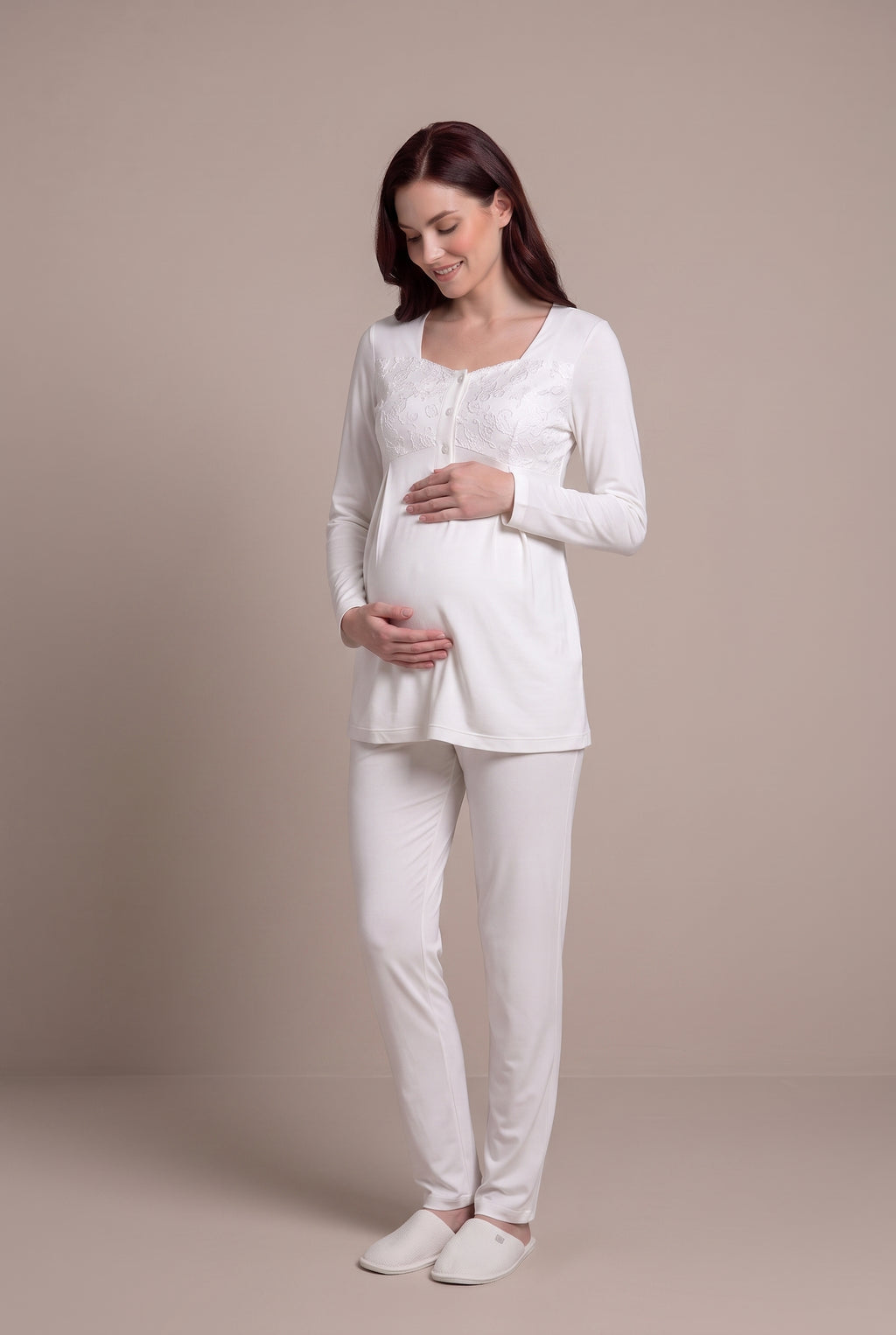 Şık Tasarım Dantel Sabahlıklı Ayarlanabilir Bel Özellikli Pamuklu Lohusa Hamile Sabahlıklı Pijama Takımı 06402