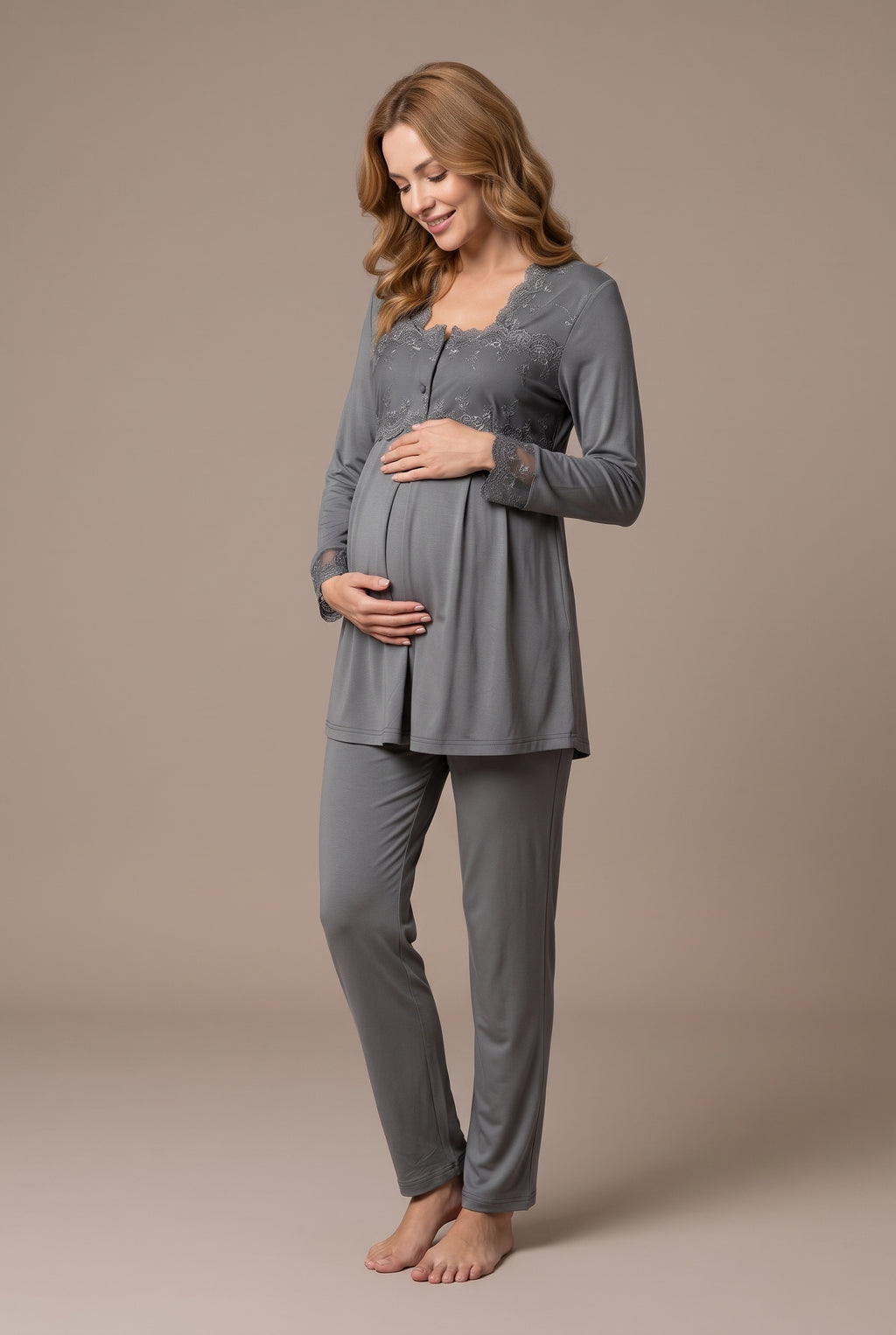 Şık Tasarım Dantel Detaylı Emzirme Kolaylıgı Saglayan Ayarlanabilir Bel Özellikli Pamuklu Pijama Takımı 02403