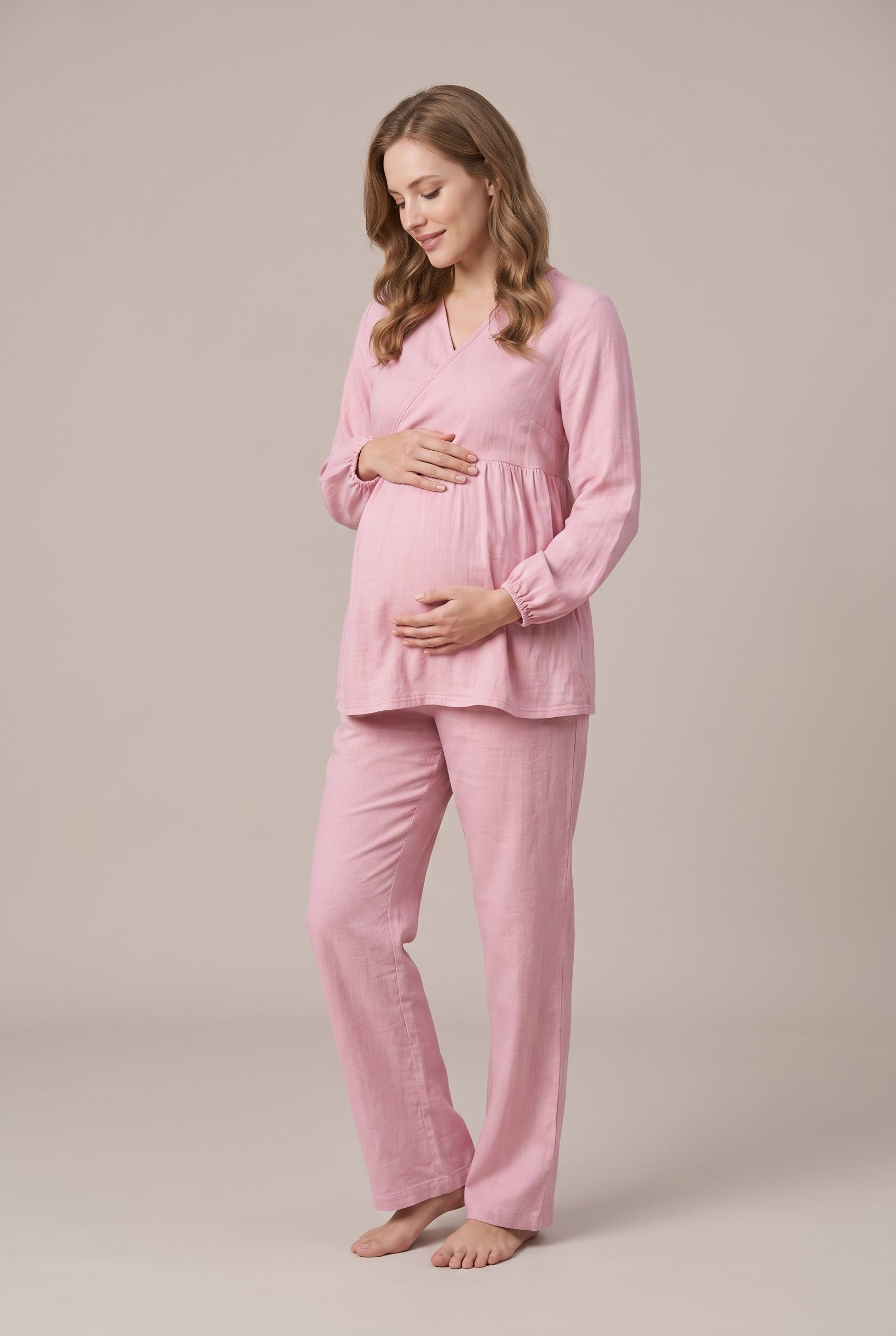 Şık Tasarım Müslin Kumaş Ayarlanabilir Bel Özellikli Emzirme Kolaylıgı Saglayan Pamuk Lohusa Hamile Pijama Takımı 03087