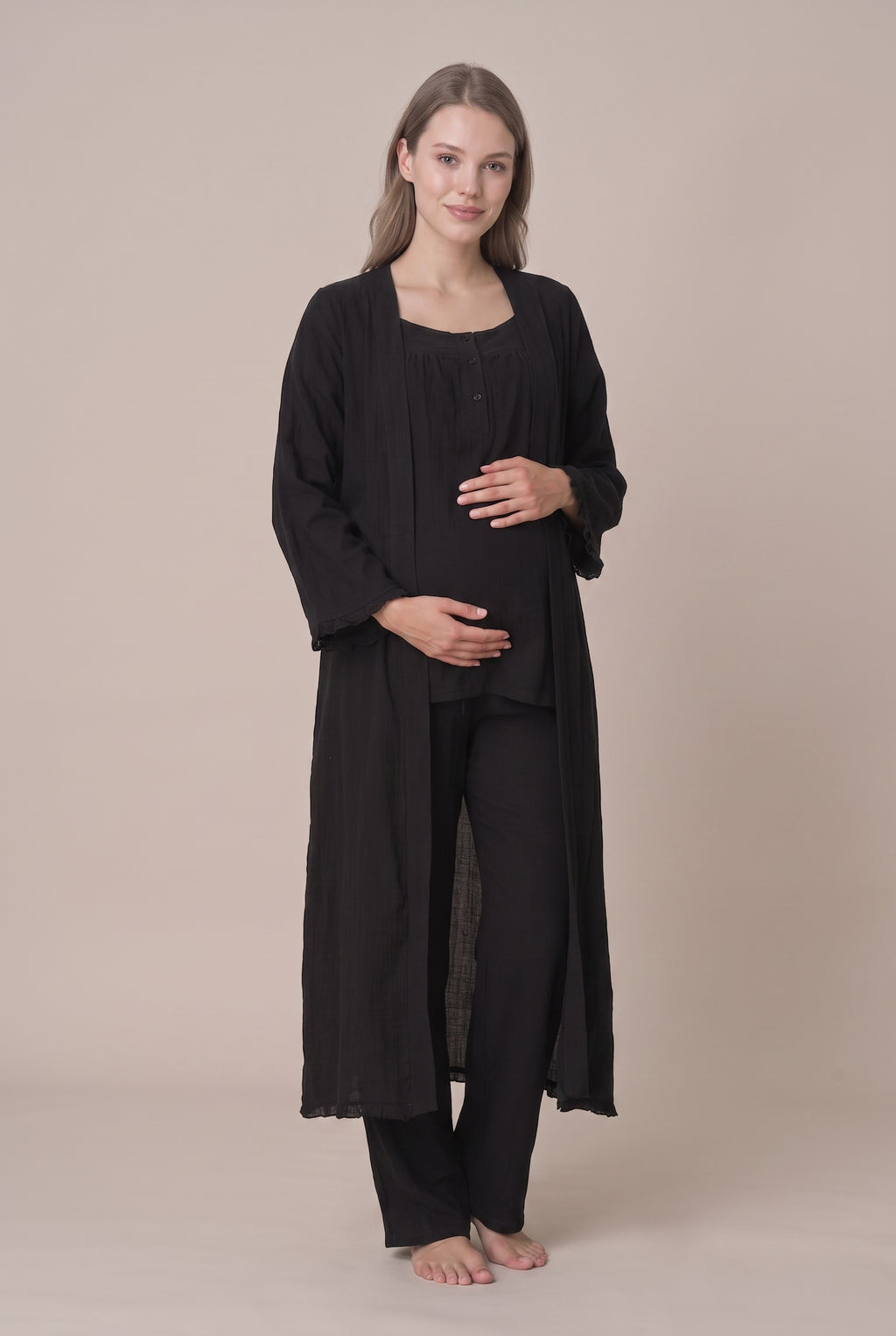 Şık Tasarım Müslin Kumaş Emzirme Kolaylıgı Saglayan  Ayarlanabilir Bel Özellikli Pamuk Lohusa Hamile Sabahlıklı Pijama Takımı 03084