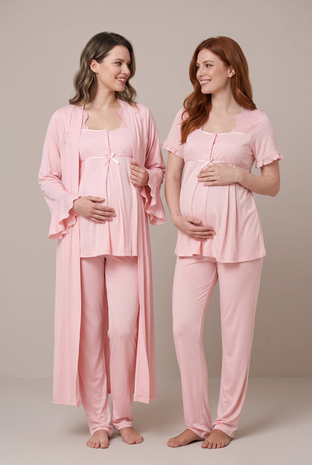 Şık Tasarım Fistolu Volan Kollu Pamuklu Emzirme Kolaylıgı Saglayan Lohusa Hamile Sabahlıklı Pijama Seti 07024