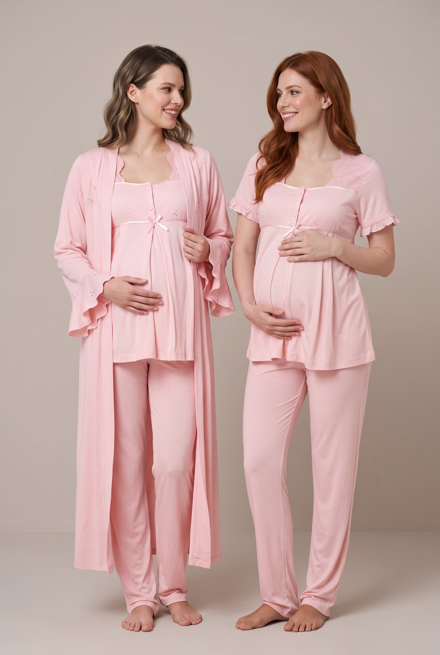 Şık Tasarım Fistolu Volan Kollu Pamuklu Emzirme Kolaylıgı Saglayan Lohusa Hamile Sabahlıklı Pijama Seti 07024