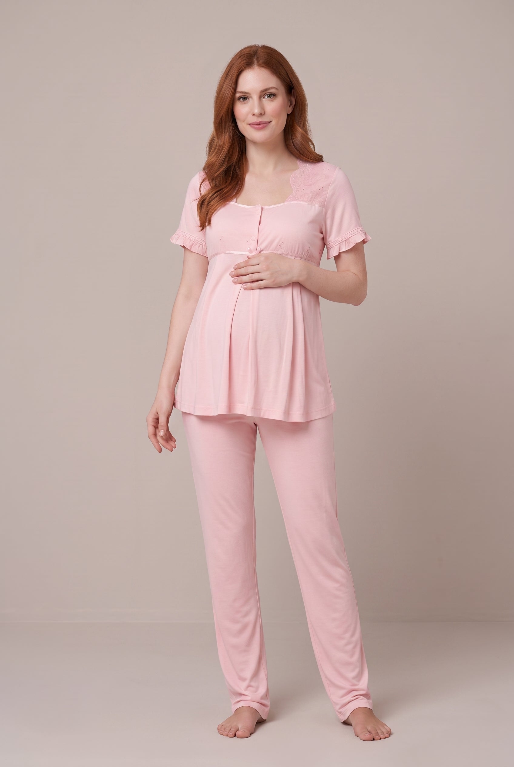 Şık Tasarım Fistolu Volan Kollu Pamuklu Emzirme Kolaylıgı Saglayan Lohusa Hamile Sabahlıklı Pijama Seti 07024