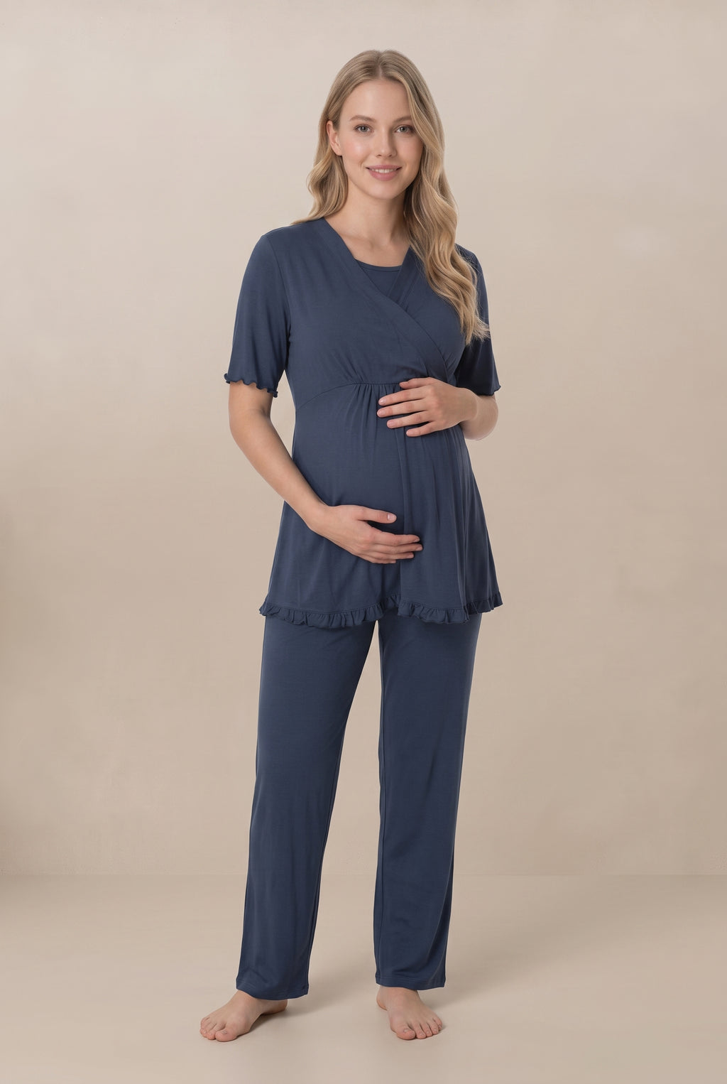 Şık Tasarım Kruvaze Yaka Ayarlanabilir Bel Özellikli Pamuklu Lohusa Hamile Sabahlıklı Pijama Seti 03034