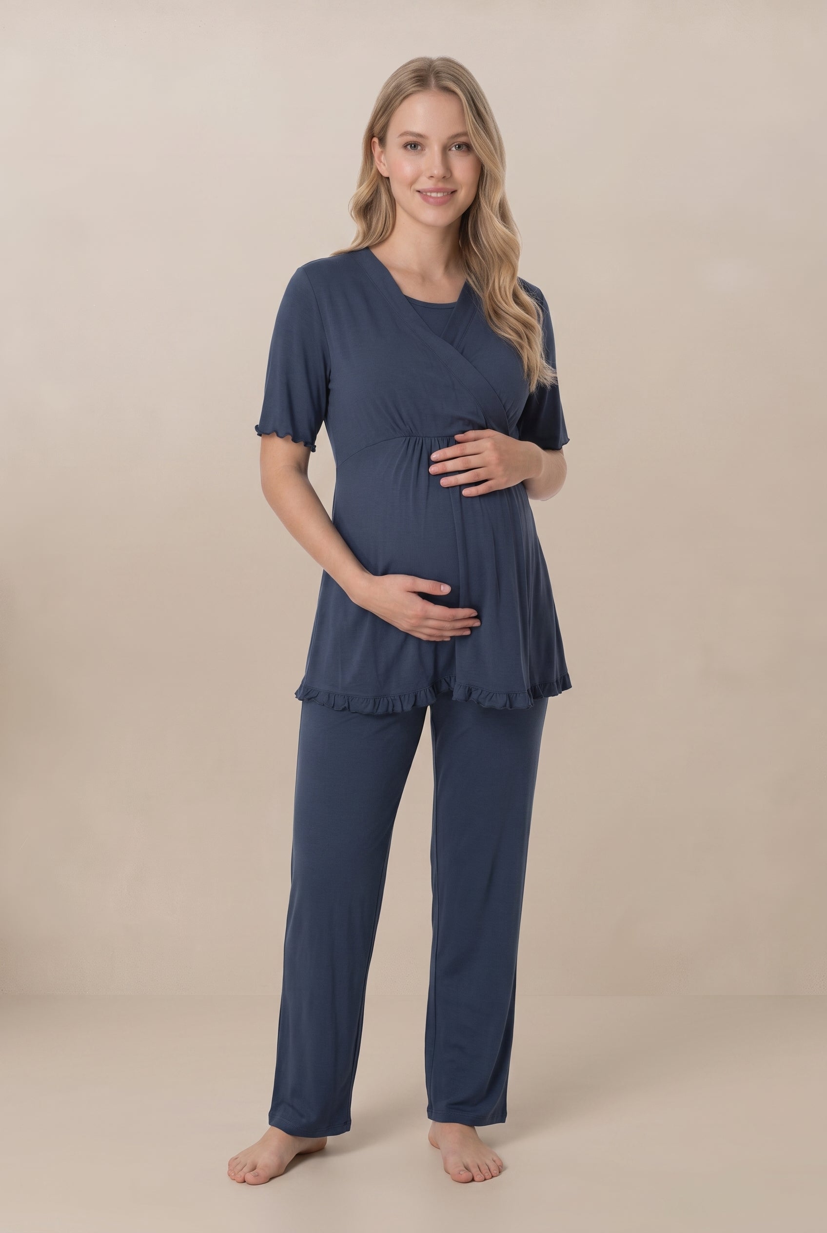 Şık Tasarım Kruvaze Yaka Ayarlanabilir Bel Özellikli Pamuklu Lohusa Hamile Sabahlıklı Pijama Seti 03034
