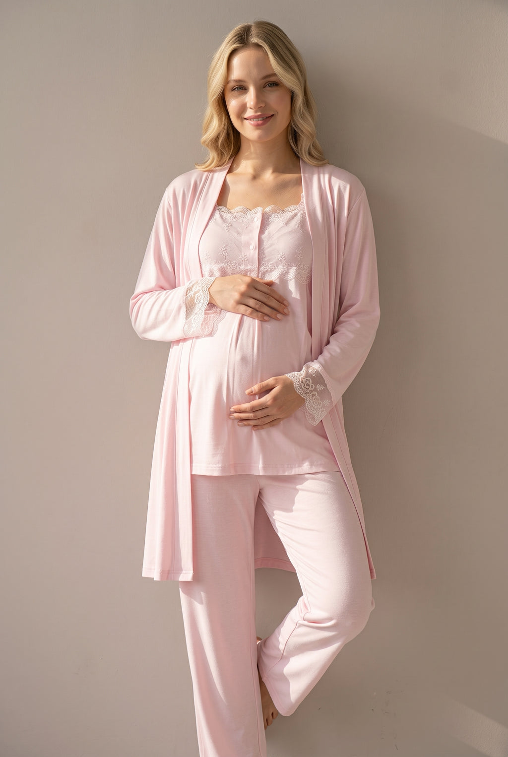Şık Tasarım Dantel Detaylı Ayarlanabilir Bel Özellikli Pamuklu Lohusa Hamile Sabahlıklı Pijama Seti 02301
