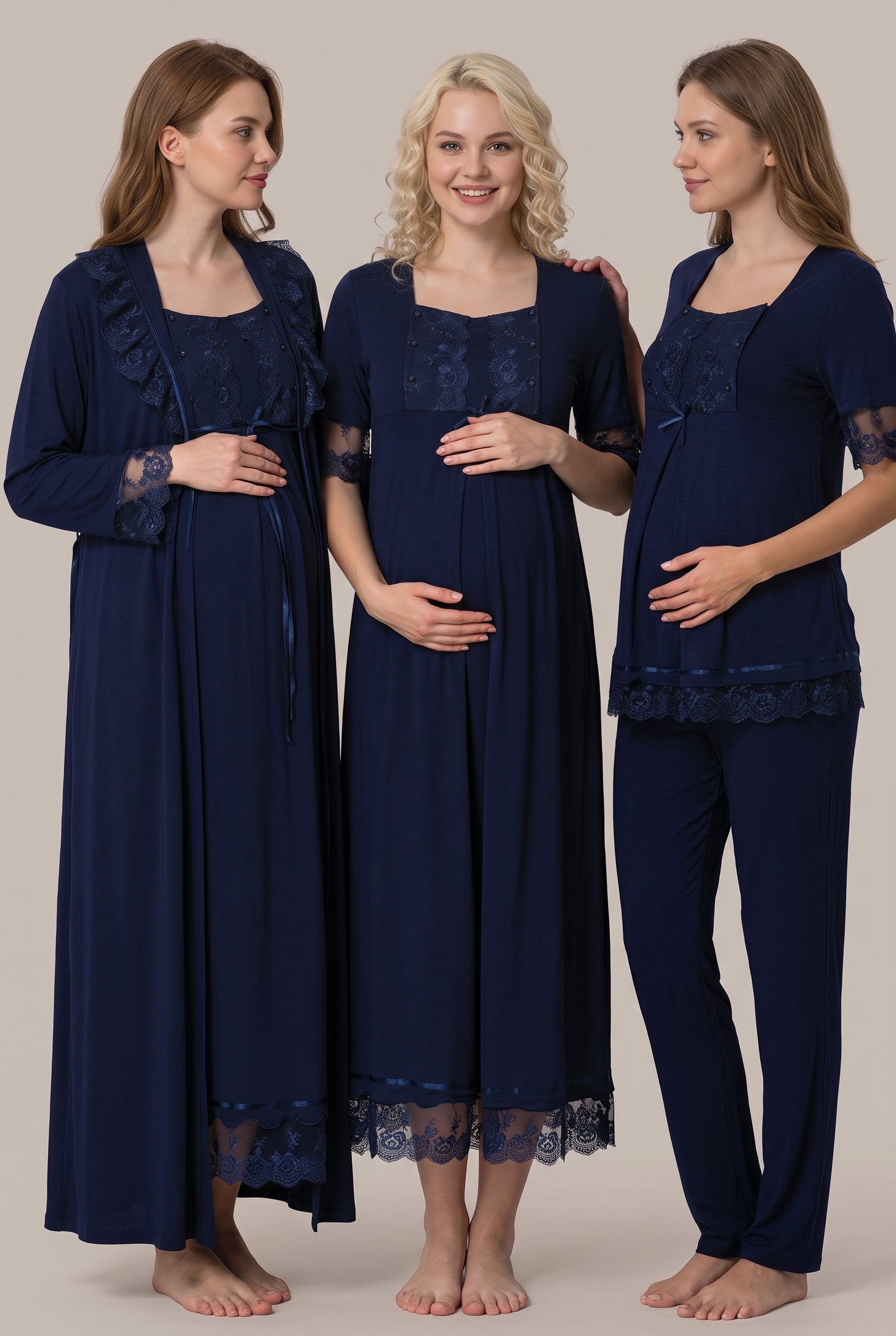 Şık Tasarım Emzirme Ve Ayarlanabilir Bel Özellikli Pamuklu Lohusa Hamile Sabahlık Gecelik Pijama 4'Set 06036