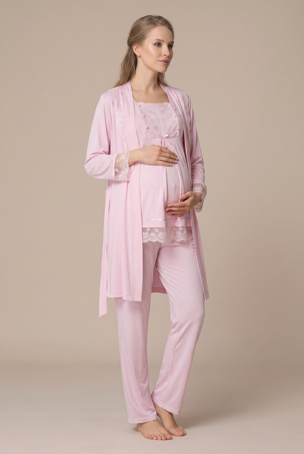 Şık Tasarım Dantel Detaylı Emzirme Kolaylıgı Saglayan Ayarlanabilir Bel Özellikli Pamuklu Lohusa Hamile Sabahlıklı Pijama Takımı 03044