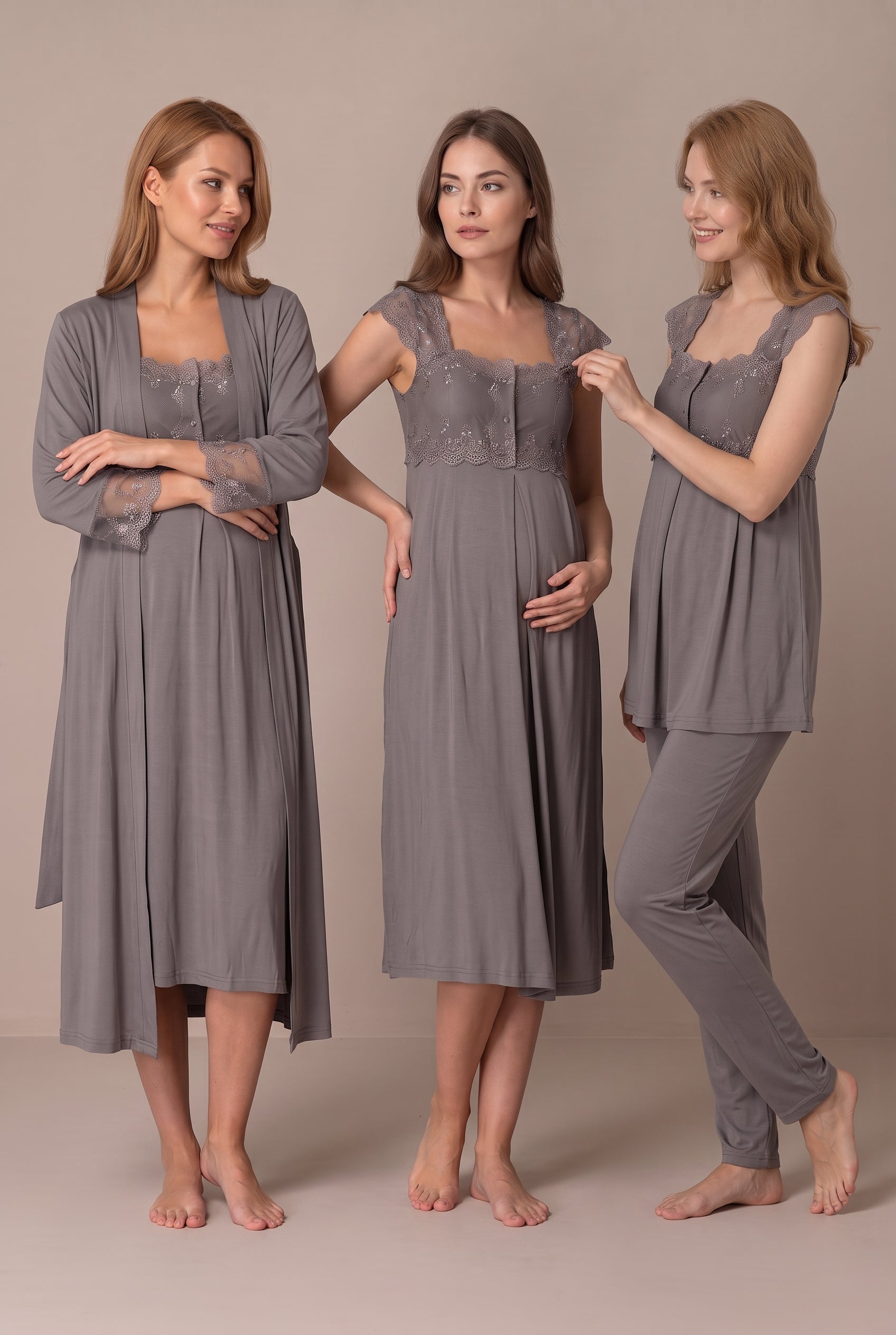 Şık Tasarım Askılı Ayarlanabilir Bel Özellikli Lohusa Hamile Sabahlık Gecelik Pijama 4'Lü Set 02305